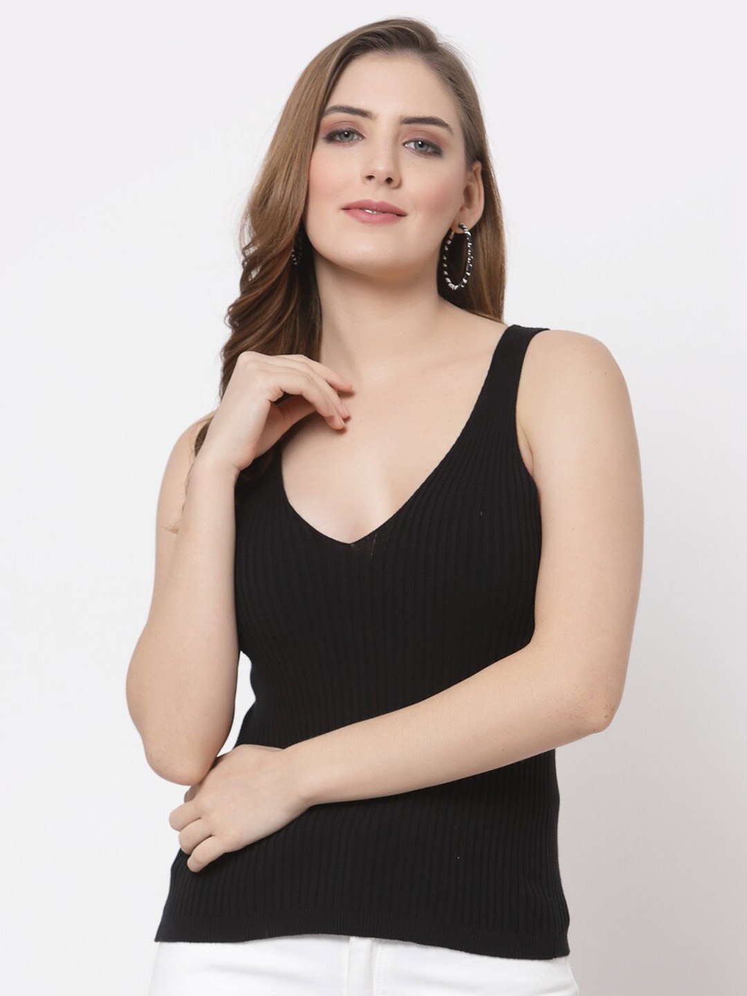 

Kalt V-Neck Sleeveless Ribbed Cotton Fitted Top, Black