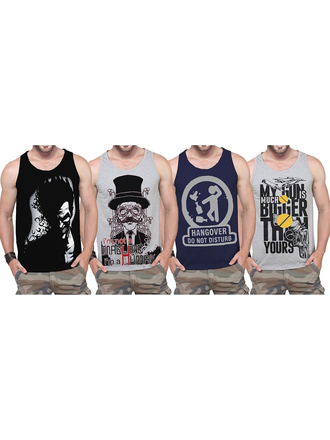 

TRIPR Pack Of 4 Printed Cotton Basic Vests, Black