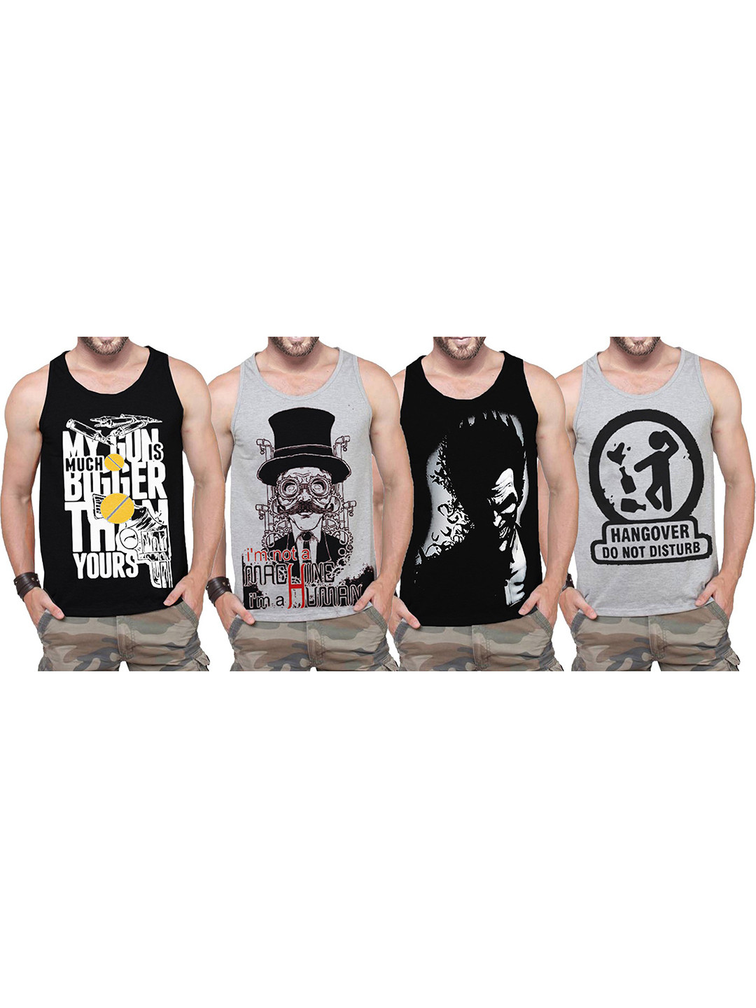 

TRIPR Pack Of 4 Printed Cotton Basic Vests, Black
