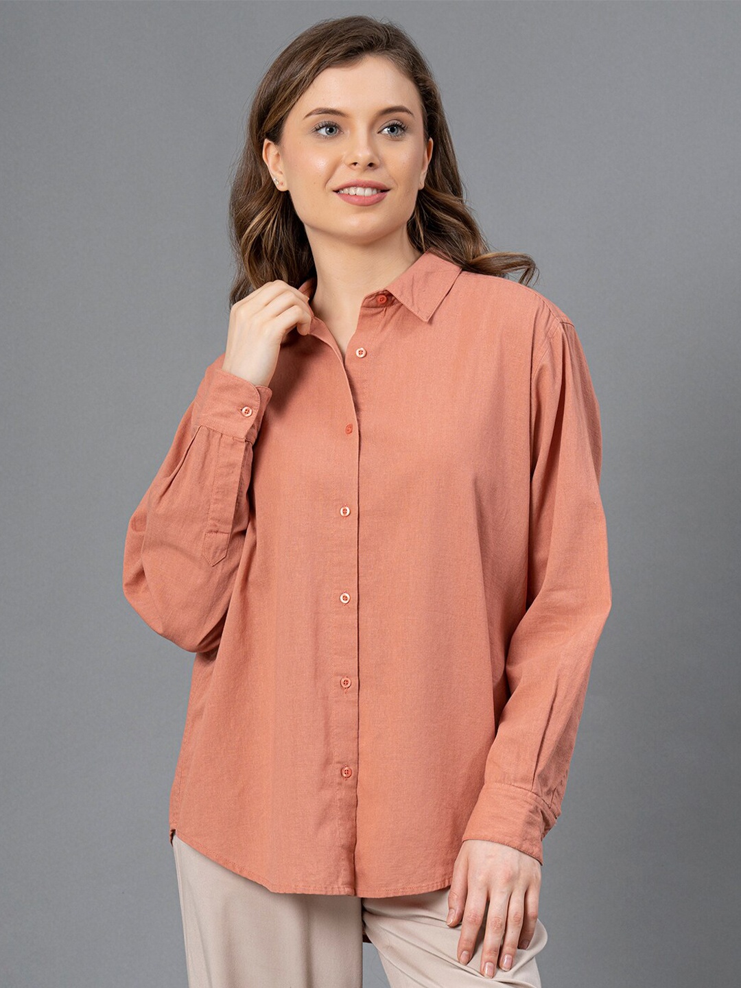 

Mode by Red Tape Spread Collar Cotton Linen Casual Shirt, Orange
