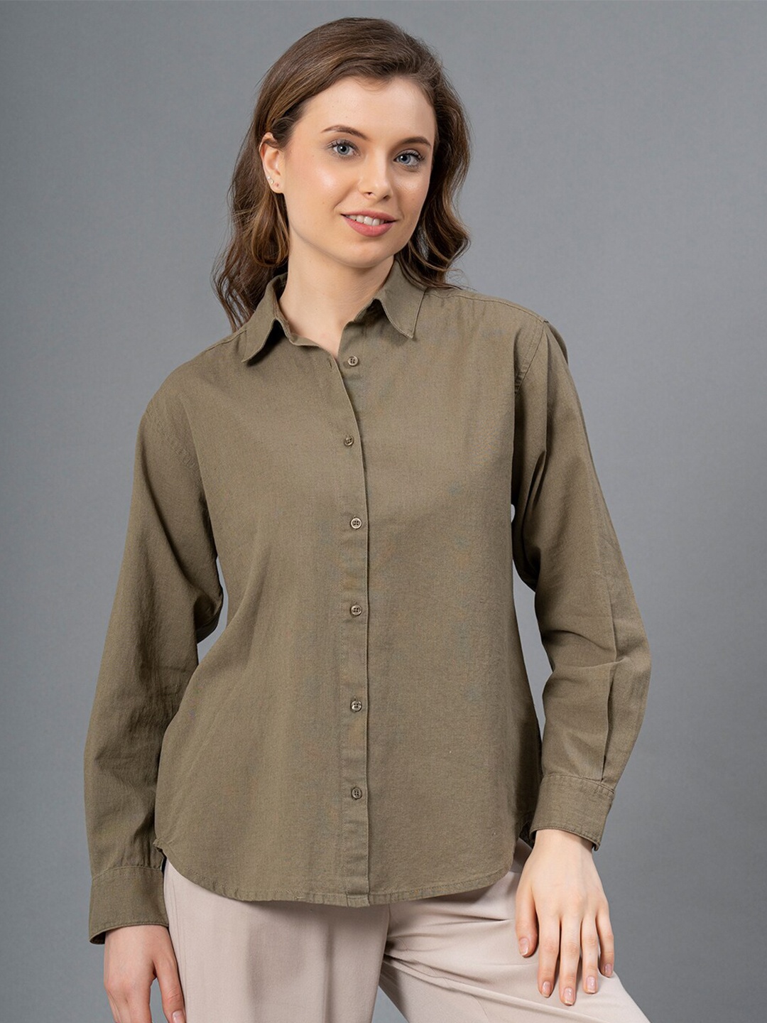 

Mode by Red Tape Spread Collar Cotton Linen Casual Shirt, Khaki