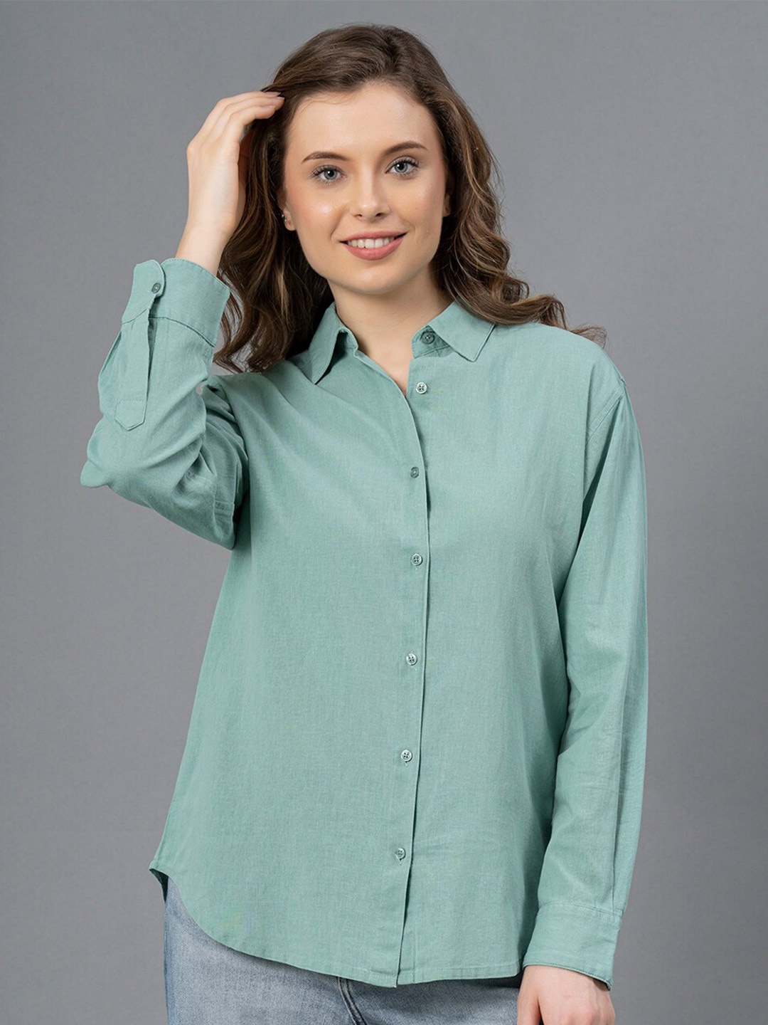 

Mode by Red Tape Spread Collar Cotton Linen Casual Shirt, Sea green