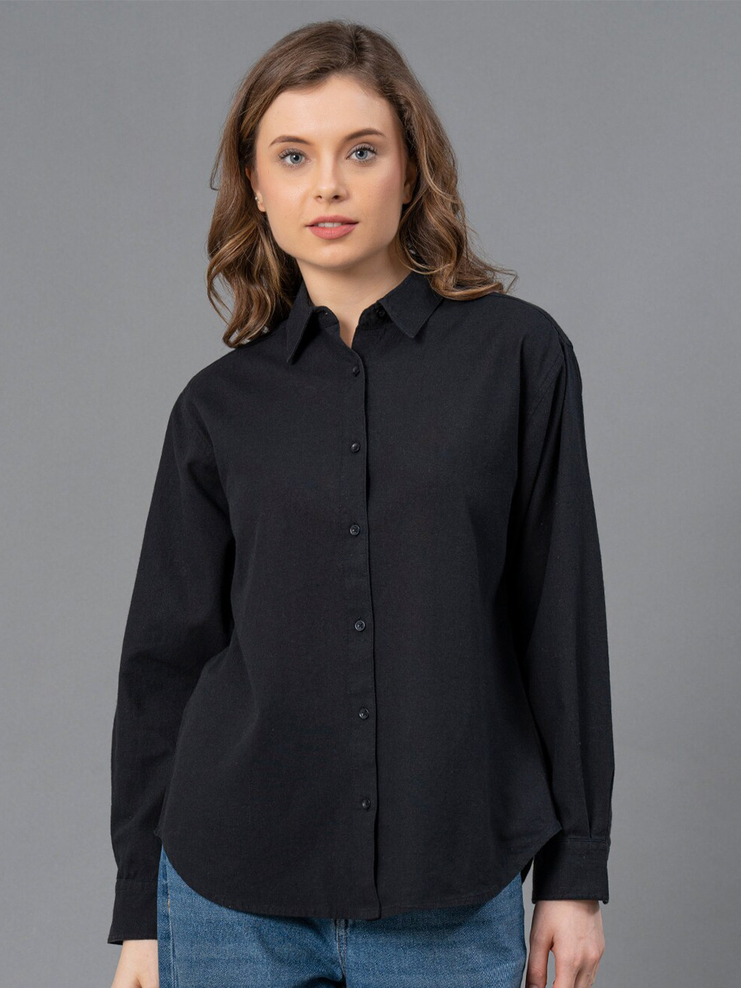 

Mode by Red Tape Spread Collar Cotton Linen Casual Shirt, Black