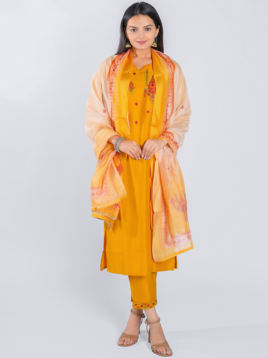 

WOMEN VILLAGE Ethnic Motifs Embroidered Pure Silk Kurta with Trousers & With Dupatta, Mustard