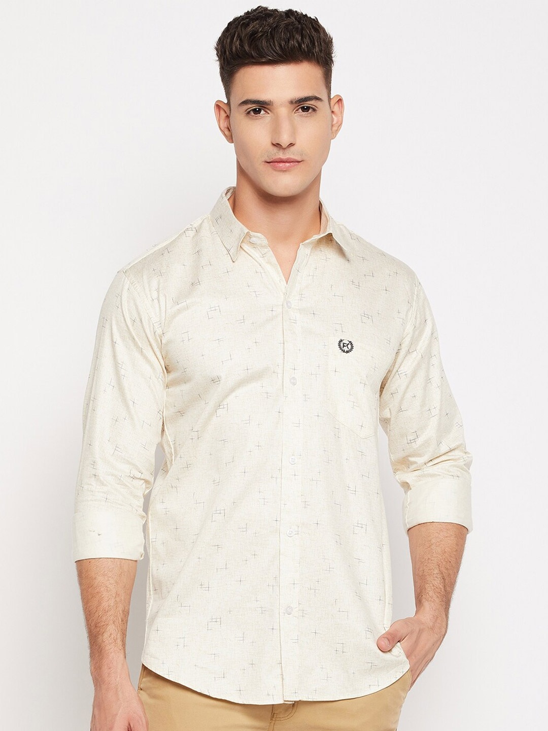 

FirstKrush Micro Disty Printed Cotton Casual Shirt, Cream