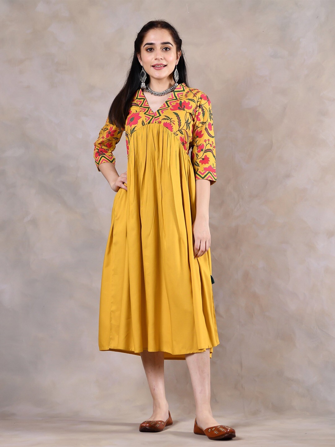 

Rustorange Floral Printed Gathered or Pleated A-Line Flared Midi Ethnic Dresses, Mustard