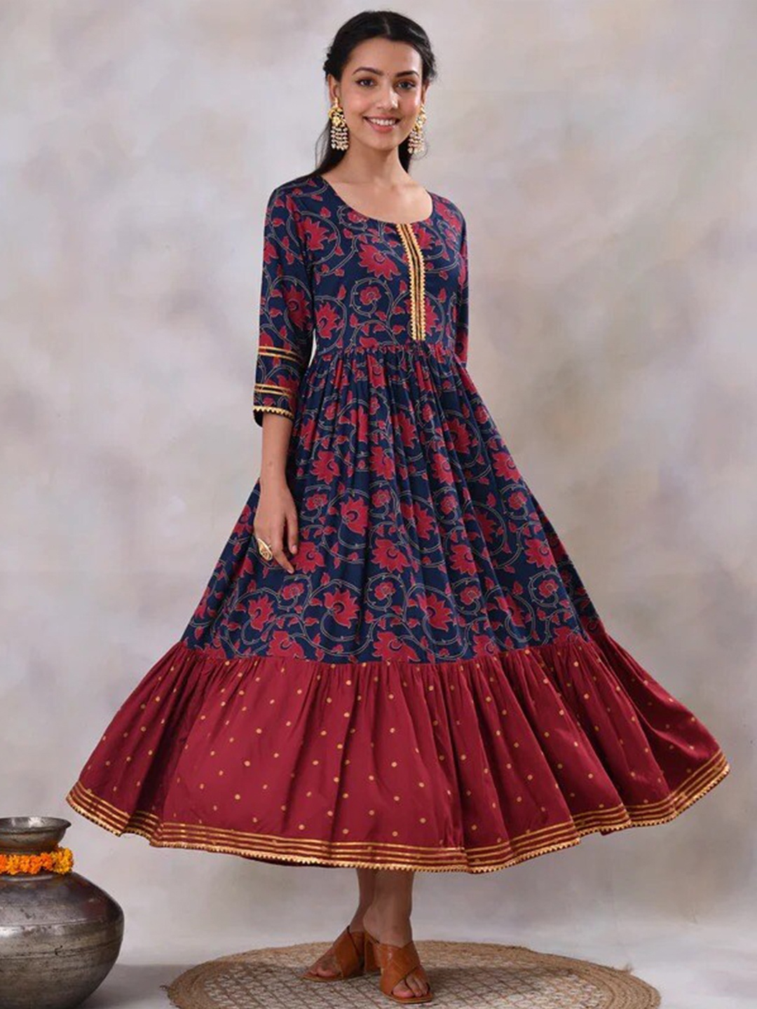 

Rustorange Floral Print Gathered or Pleated Gota Detailing Fit and Flare Ethnic Dresses, Blue