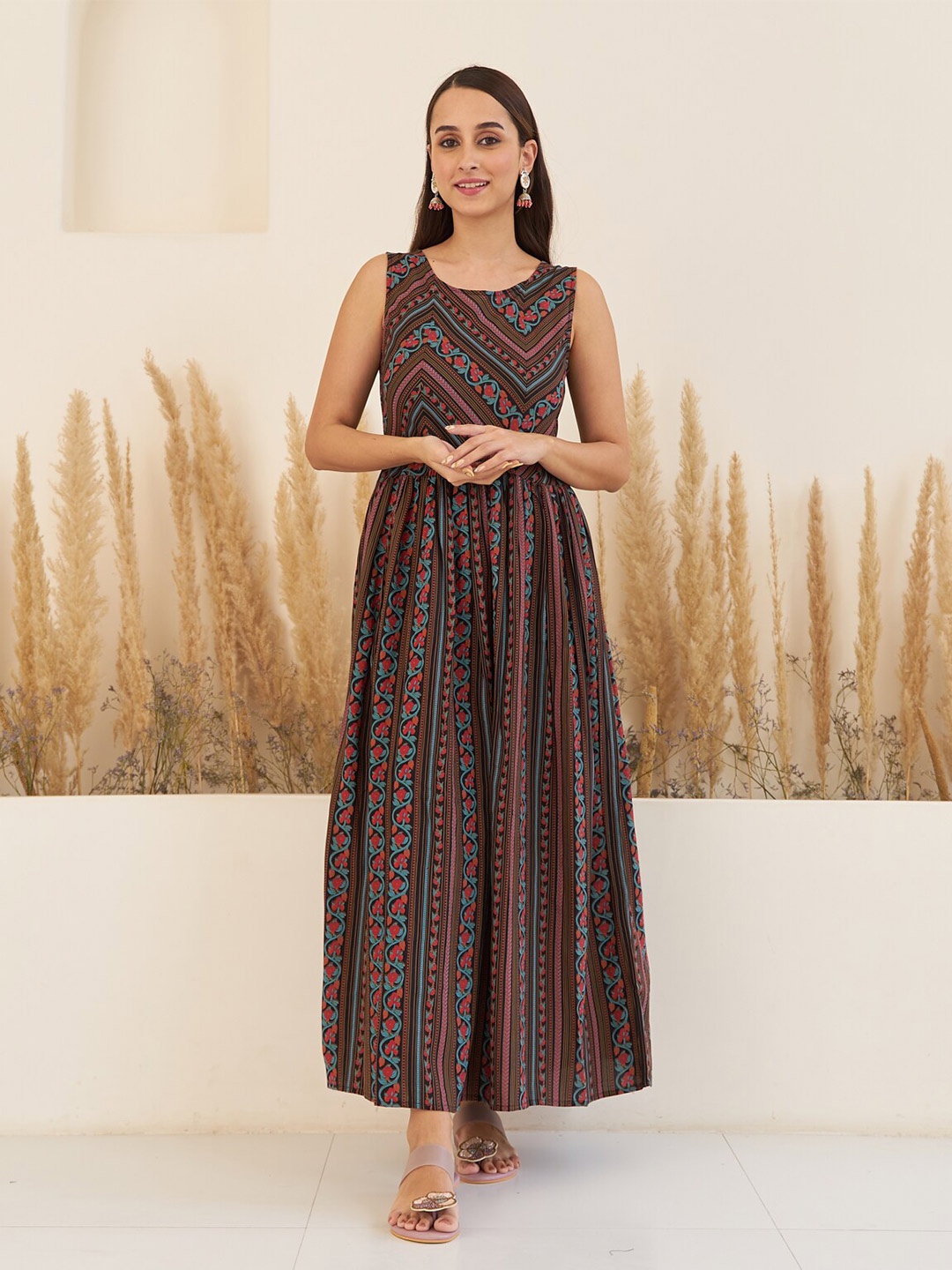 

Rustorange Printed Sleeveless Maxi A-Line Ethnic Dress, Black