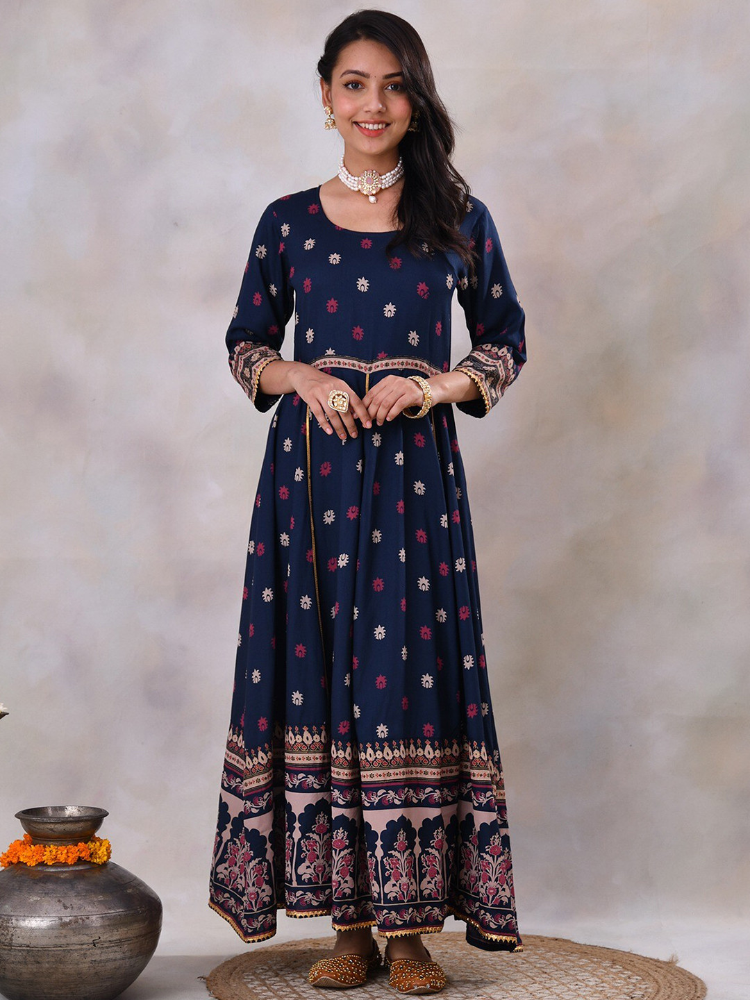 

Rustorange Floral Print Gathered or Pleated Gota Detailing Fit and Flare Ethnic Dresses, Blue