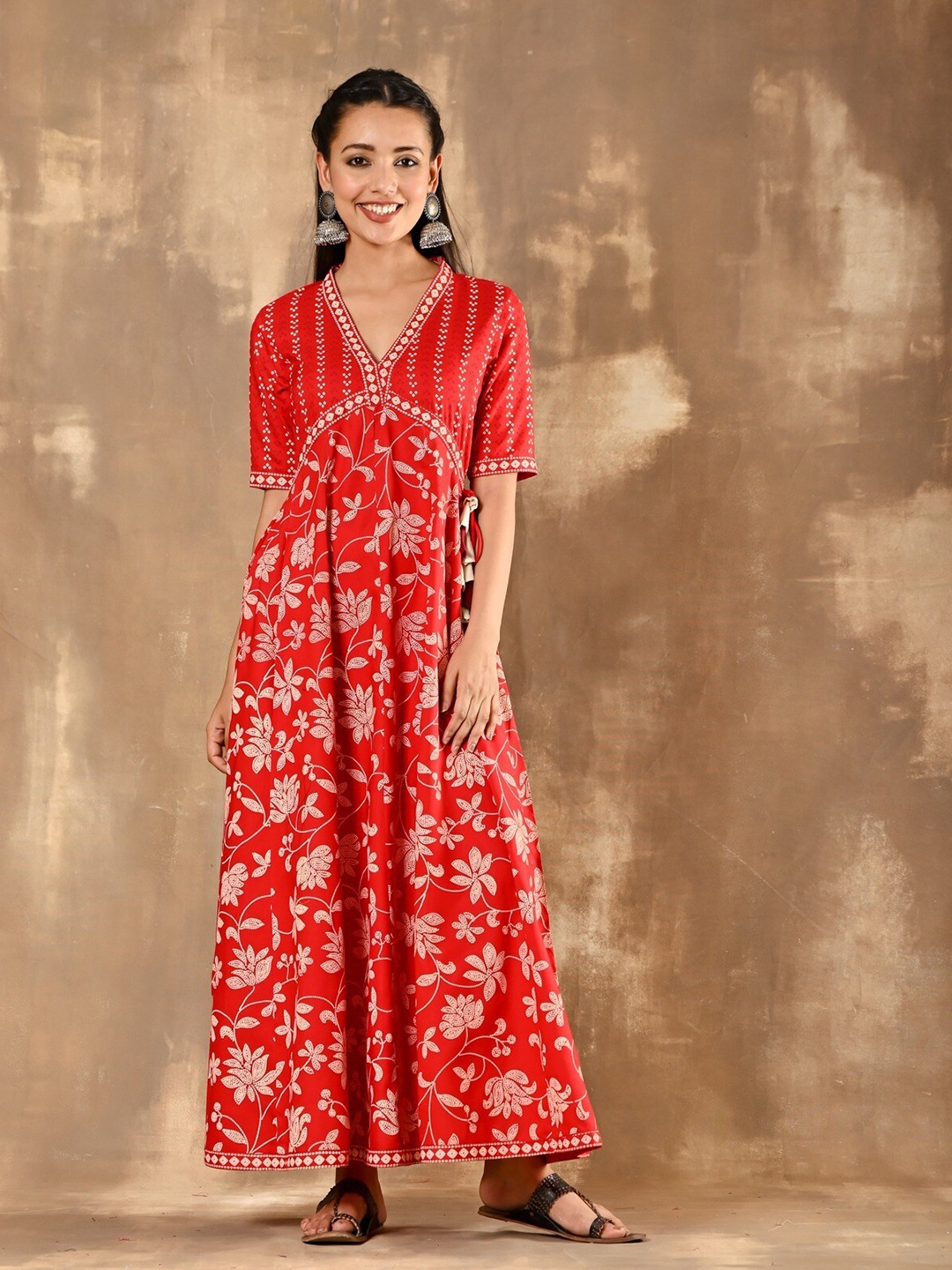 

Rustorange Floral Print Gathered or Pleated Fit and Flare Ethnic Dresses, Red