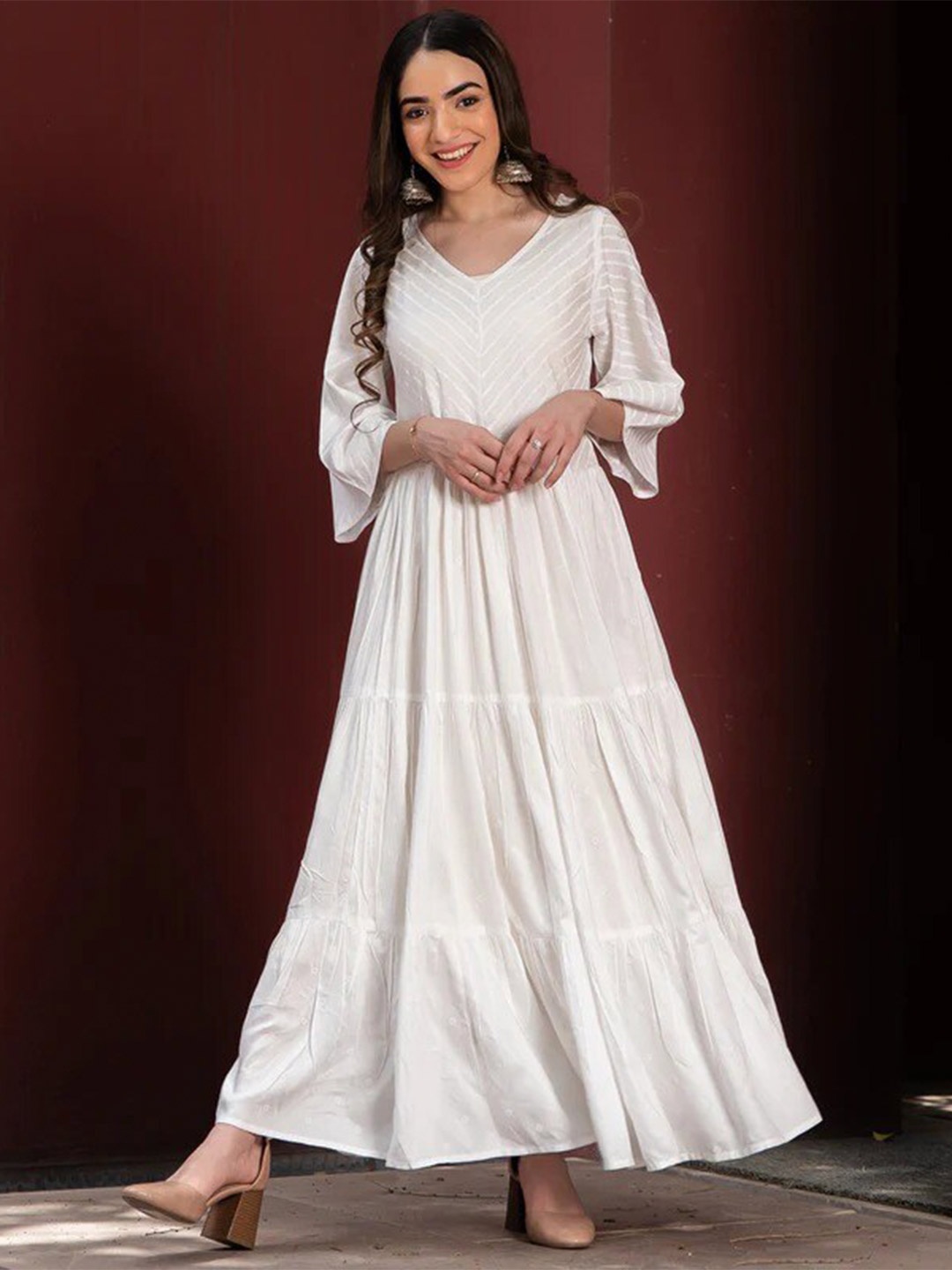 

Rustorange Self Design Tiered Maxi Dress, White