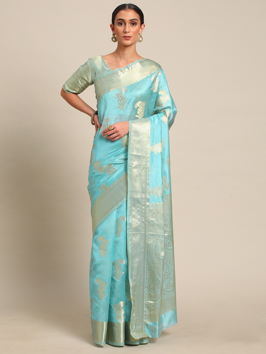 all about you Blue & Silver-Toned Woven Design Zari Organza Saree