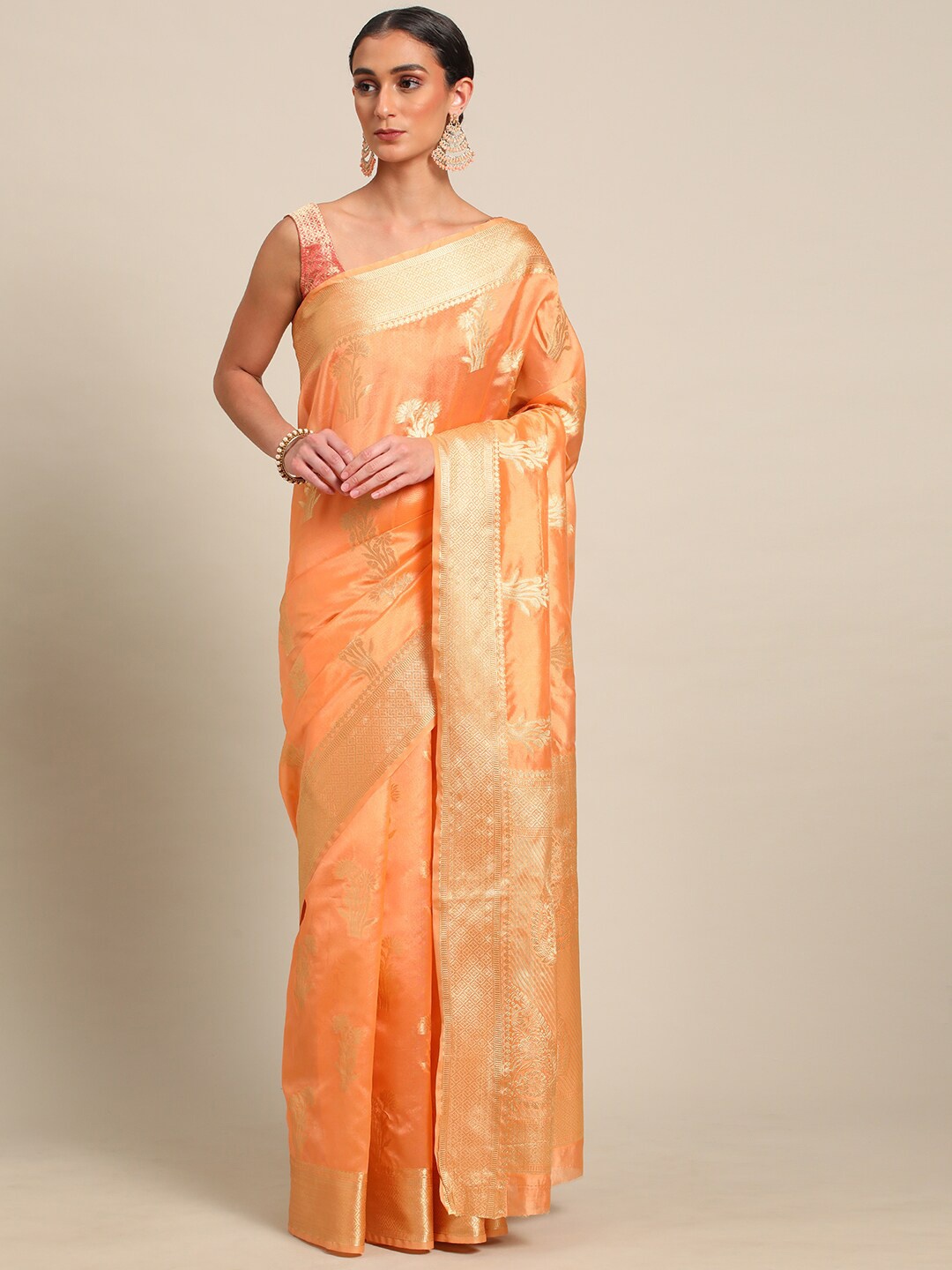 

all about you Orange & Gold-Toned Woven Design Zari Organza Saree