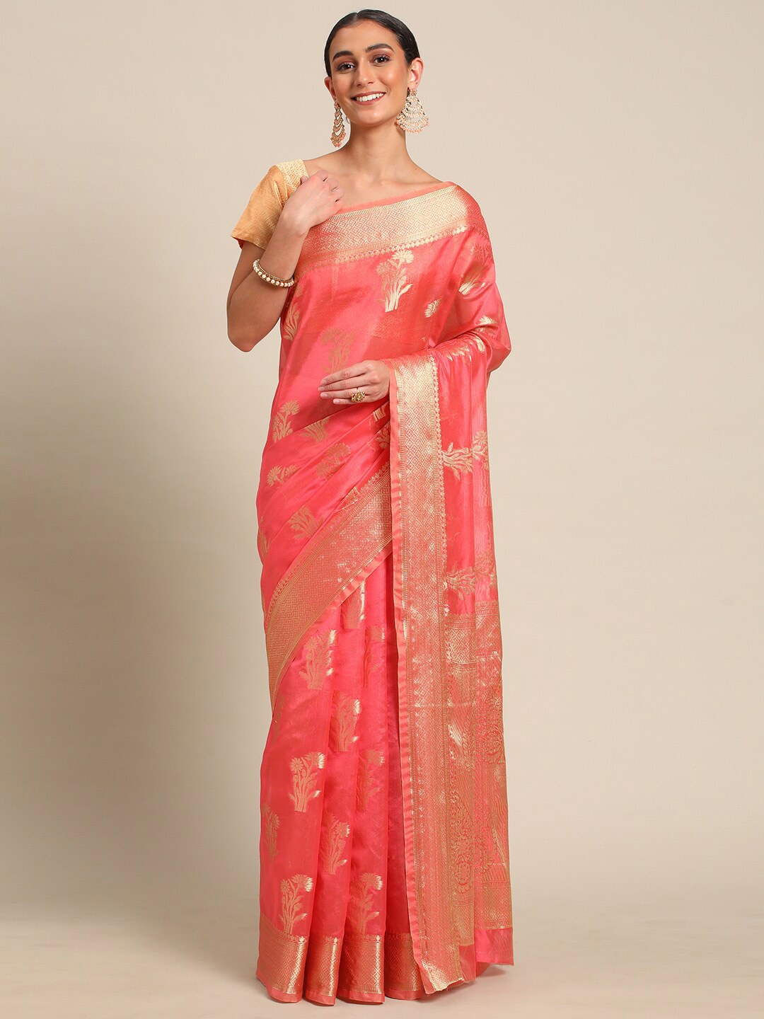 

all about you Red & Gold-Toned Woven Design Zari Organza Saree