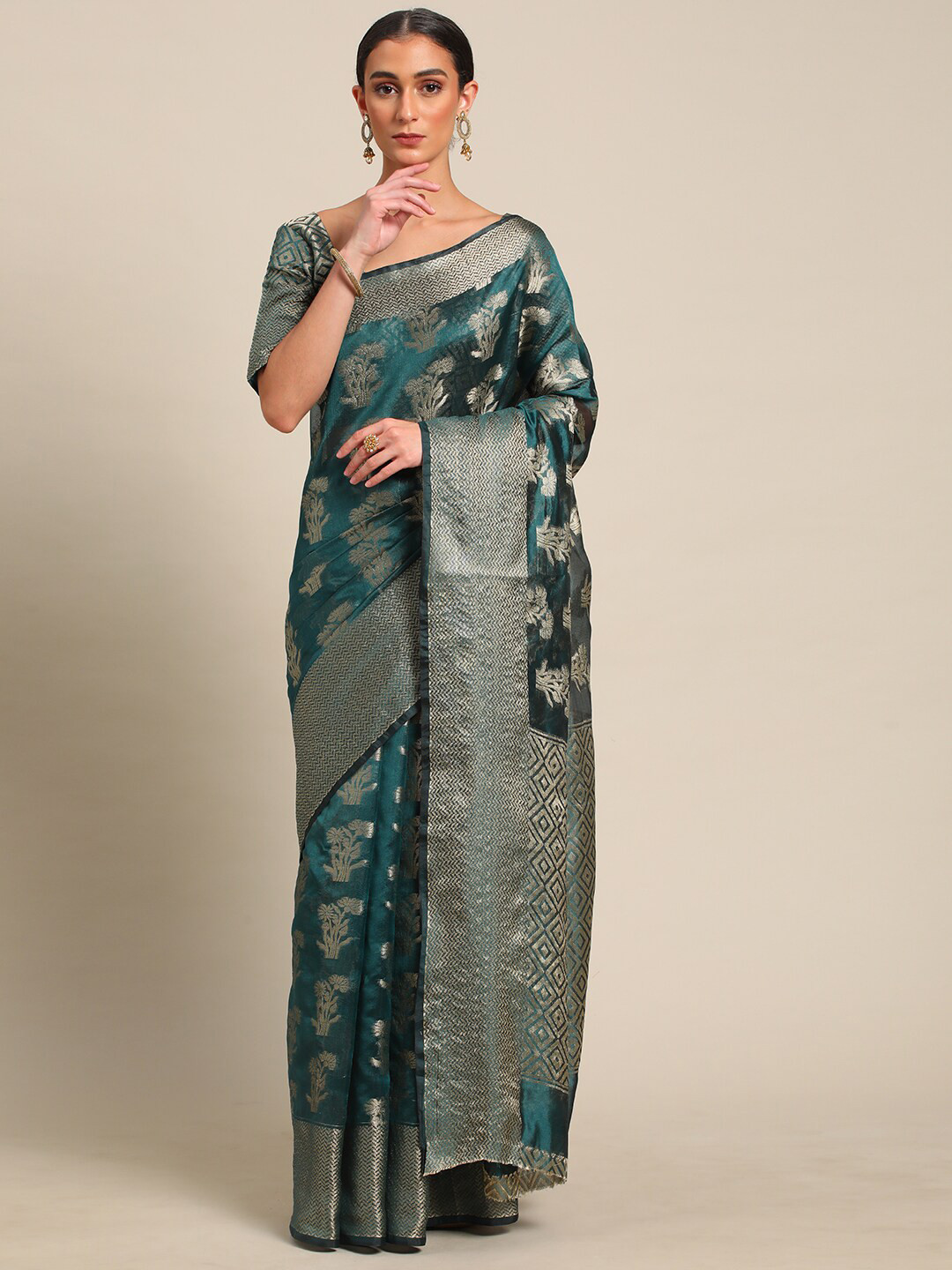 

all about you Teal & Gold-Toned Woven Design Zari Organza Saree