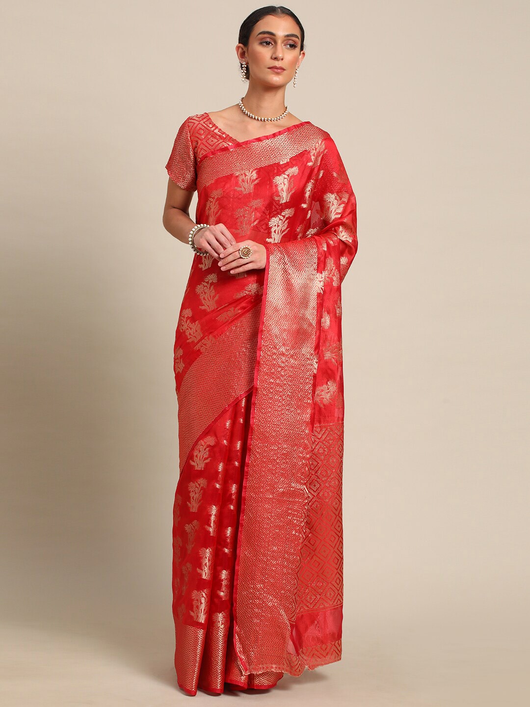 

all about you Red & Gold-Toned Woven Design Zari Organza Saree