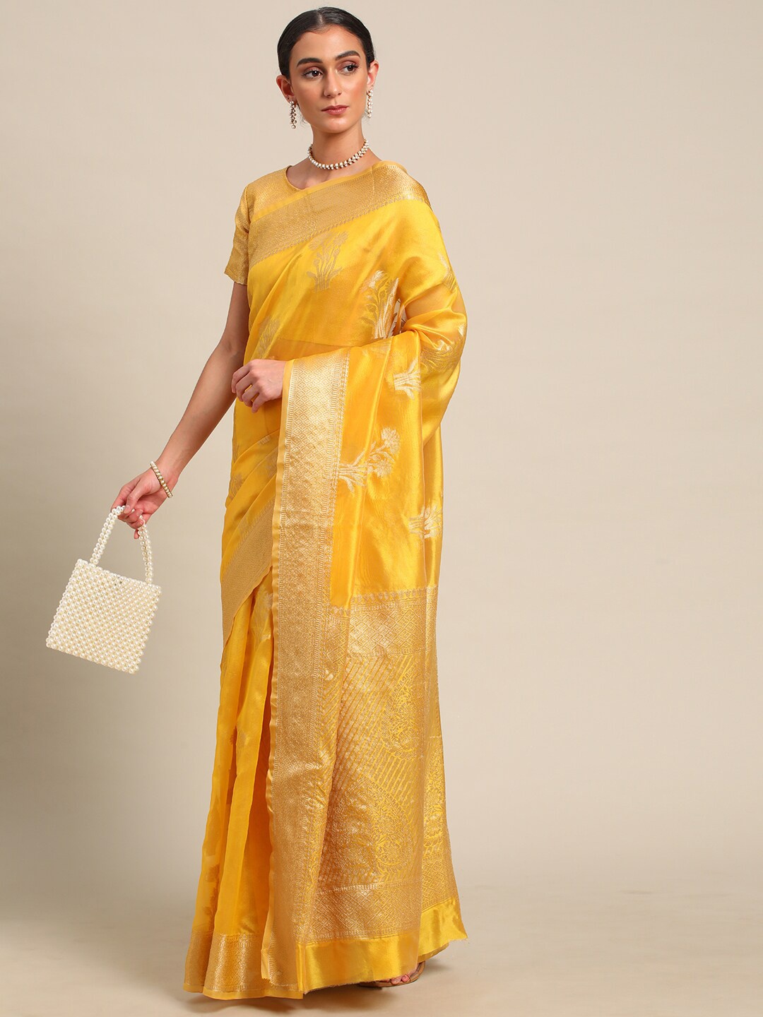

all about you Yellow & Gold-Toned Woven Design Zari Organza Saree