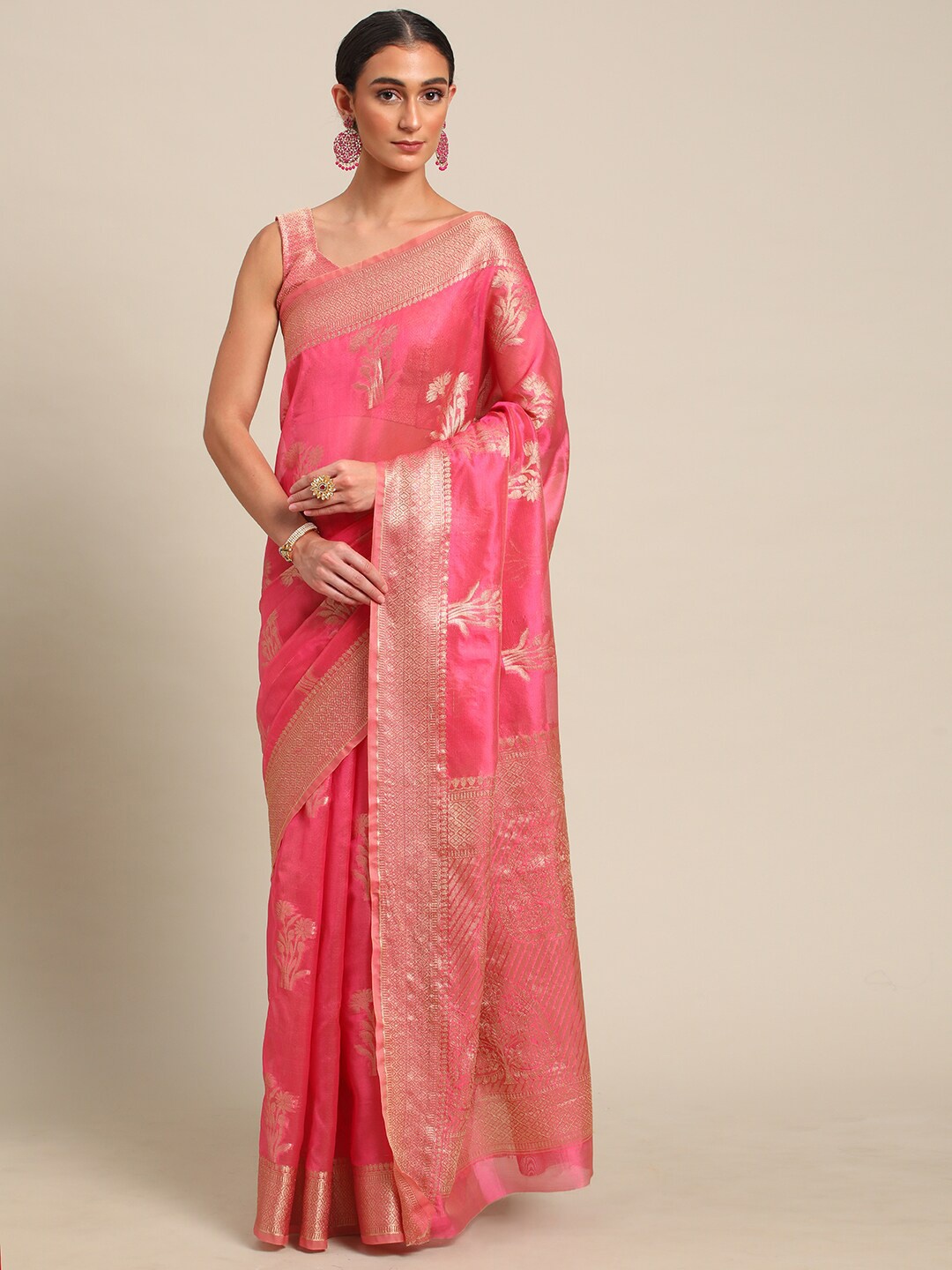 

all about you Pink & Gold-Toned Woven Design Zari Organza Saree