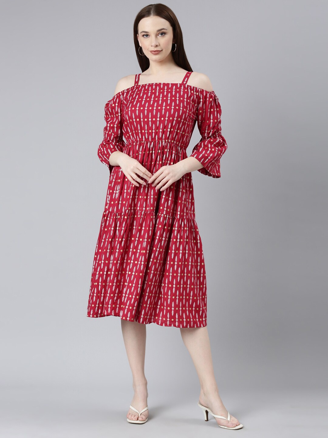 KALINI Ethnic Motifs Print Fit & Flare Midi Dress, Pink