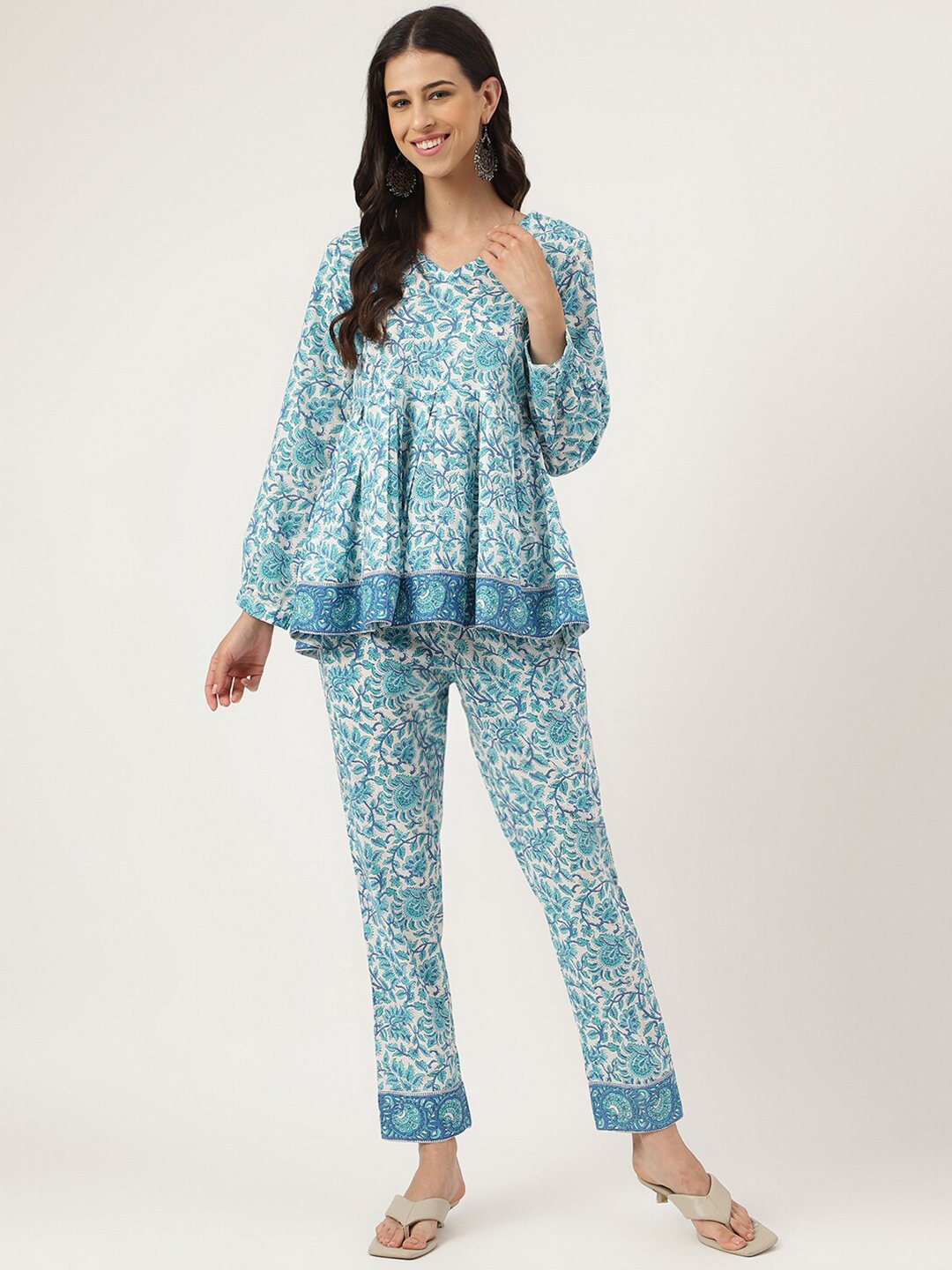 

Divena Floral Printed Pure Cotton V-Neck Peplum Top With Trousers Co-Ords, White