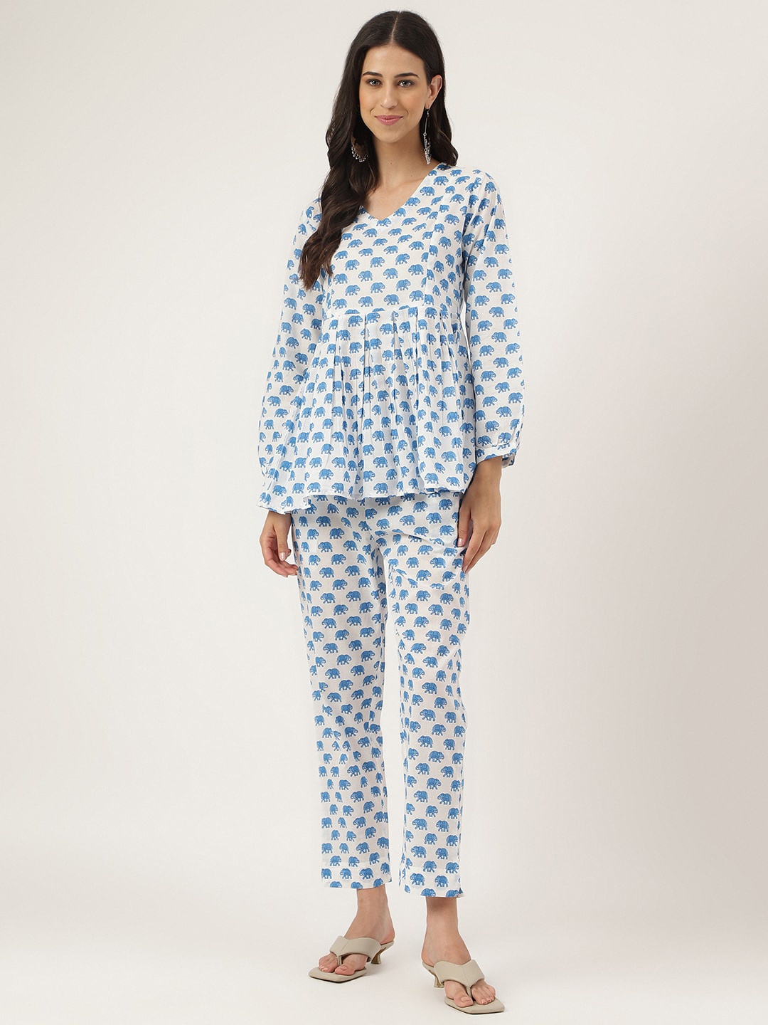 

Divena Women Animal Printed Pure Cotton Peplum Top & Trouser, White