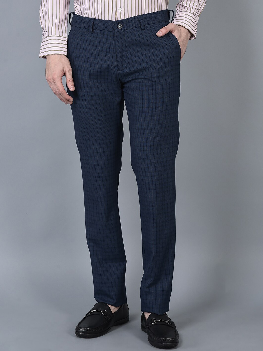 

CANOE Men Checked Smart Easy Wash Formal Trousers, Navy blue