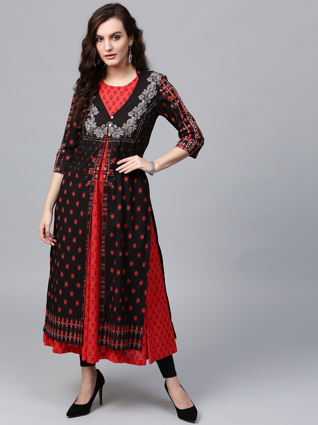 

Rain & Rainbow Women Black & Red Printed Layered Anarkali Kurta