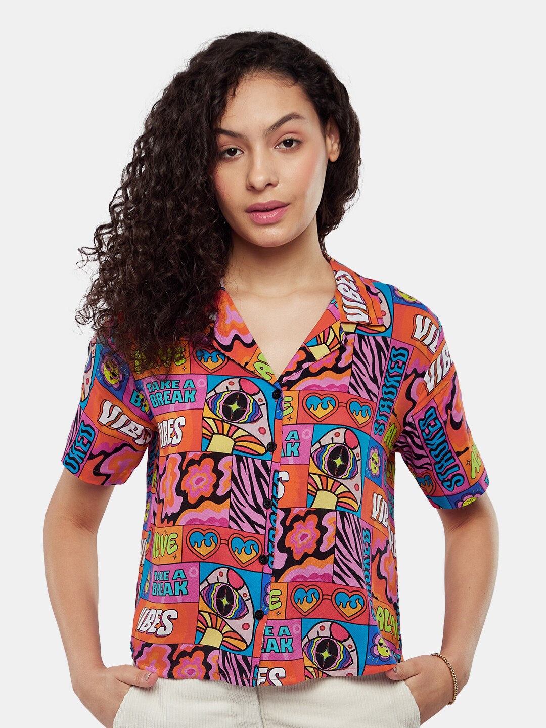 

The Souled Store Relaxed Boxy Opaque Printed Casual Shirt, Pink