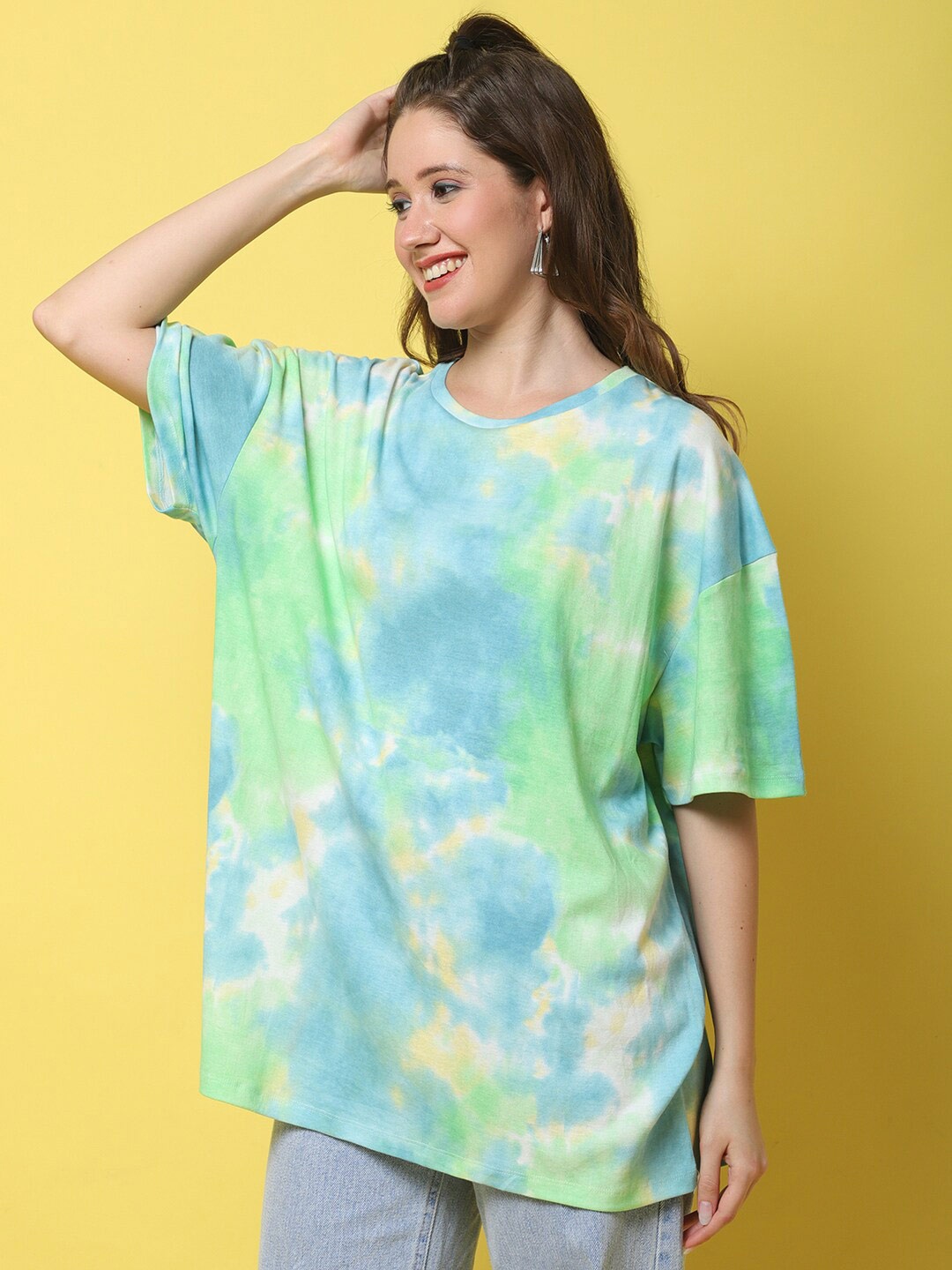 DOOR74 Tie And Dye Drop-Shoulder Sleeves Longline length Oversize T-Shirt, Blue