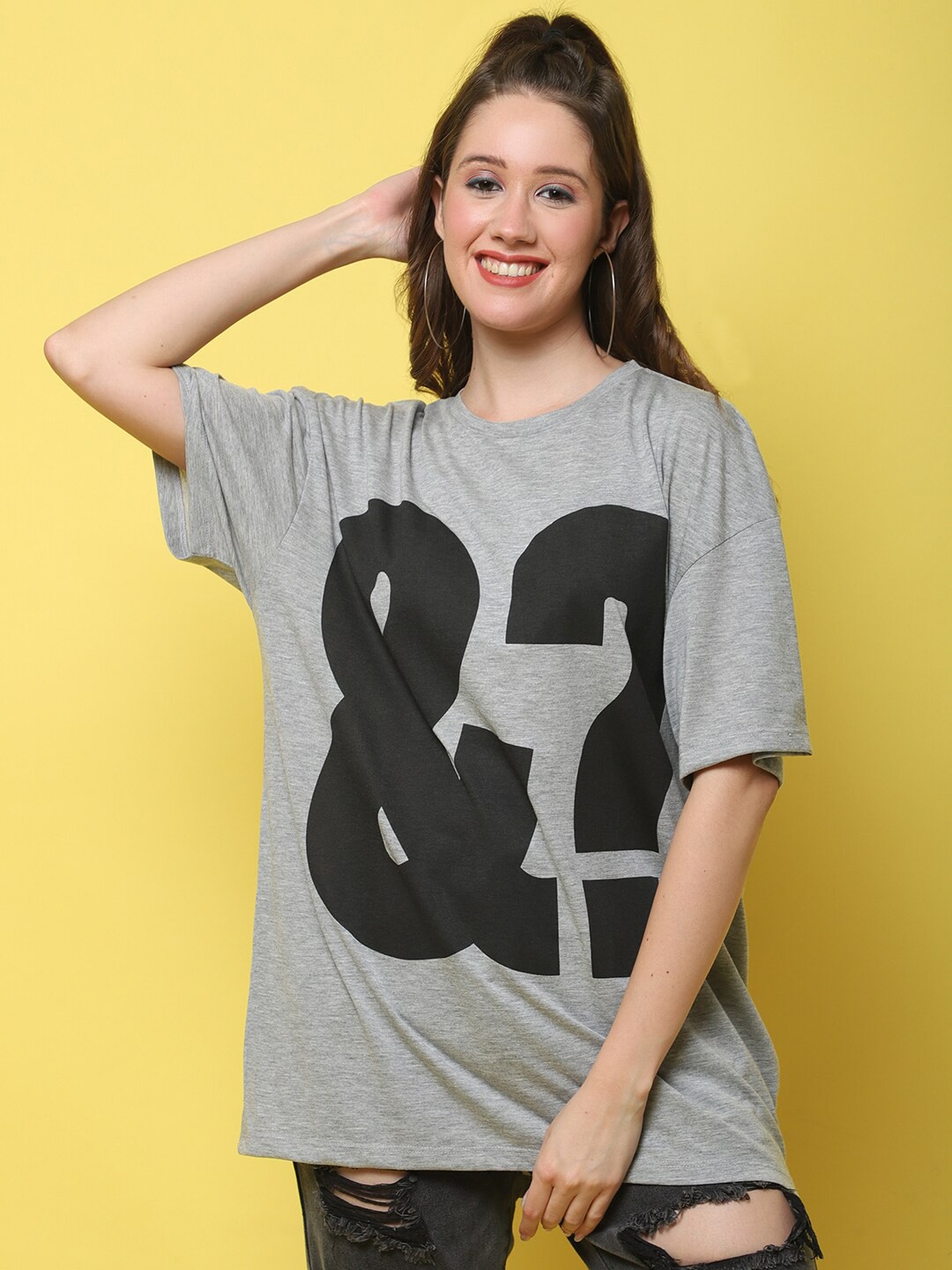 

DOOR74 Typography Printed Drop-Shoulder Sleeves Longline length Cotton Oversize T-Shirt, Grey melange