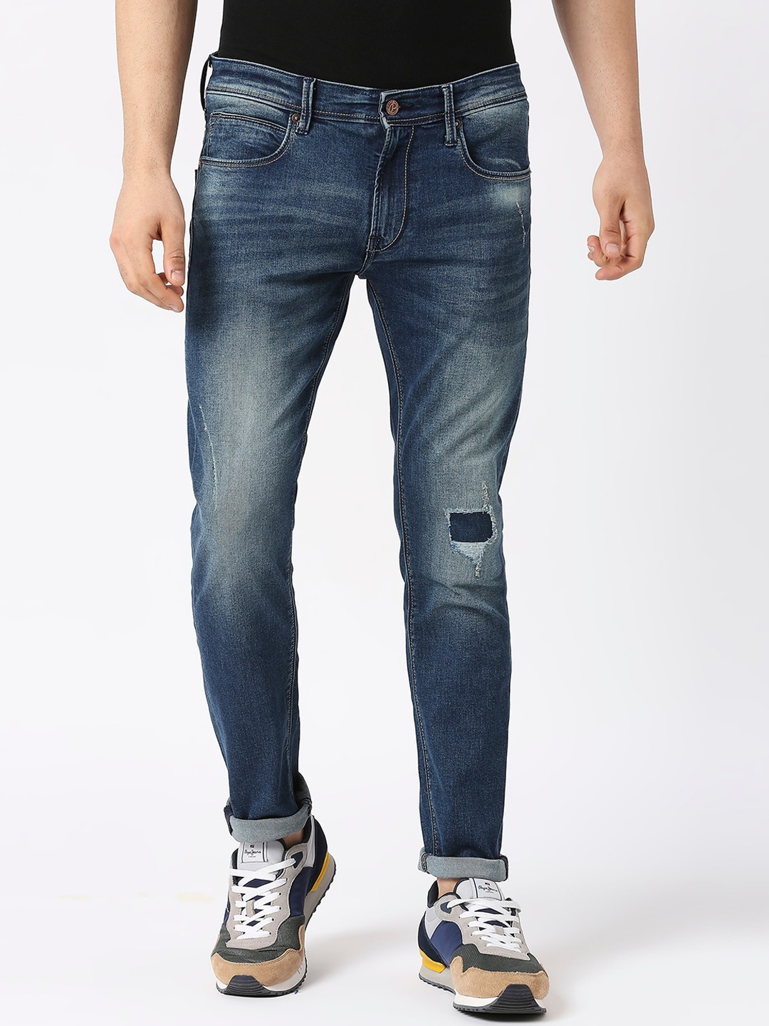 Pepe Jeans Men Slim Fit Low-Rise Low Distress Heavy Fade Jeans, Blue