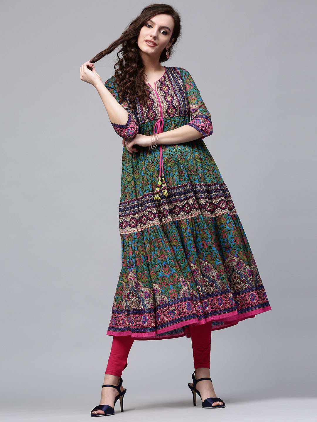 

Rain & Rainbow Women Green & Pink Printed Anarkali Kurta