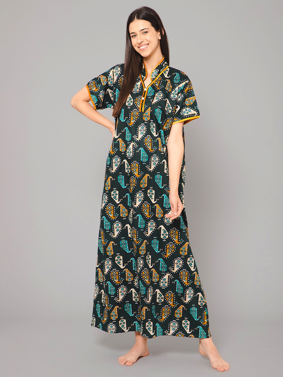 

Winza Designer Ethnic Motifs Printed Pure Cotton Maxi Nightdress, Green