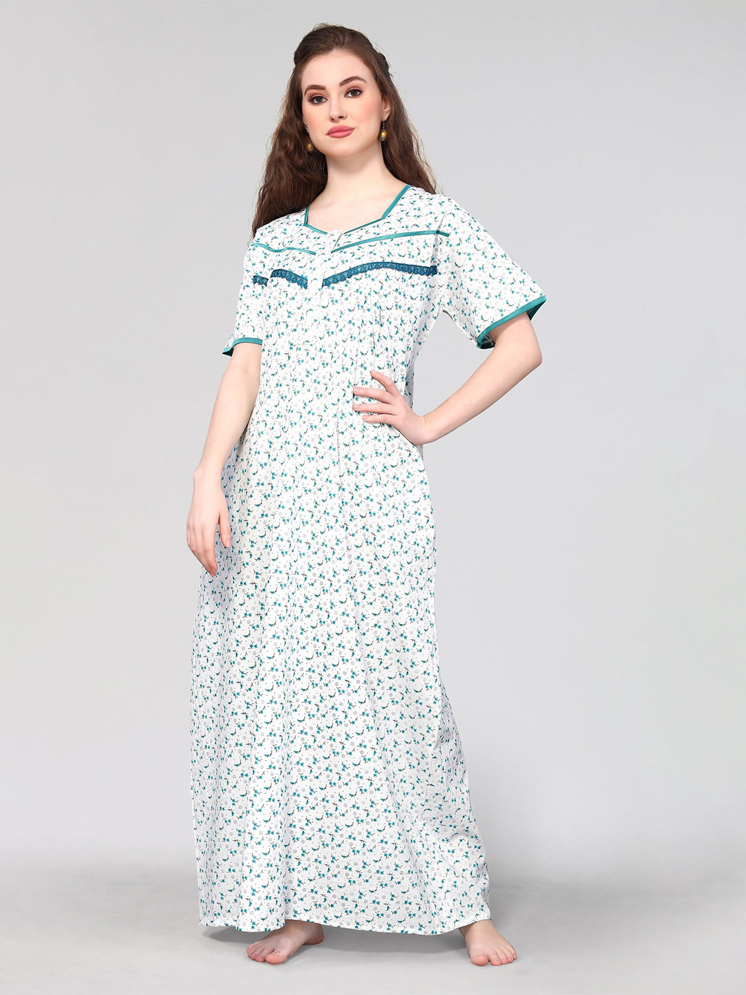 

Winza Designer Floral Printed Pure Cotton Maxi Nightdress, Teal