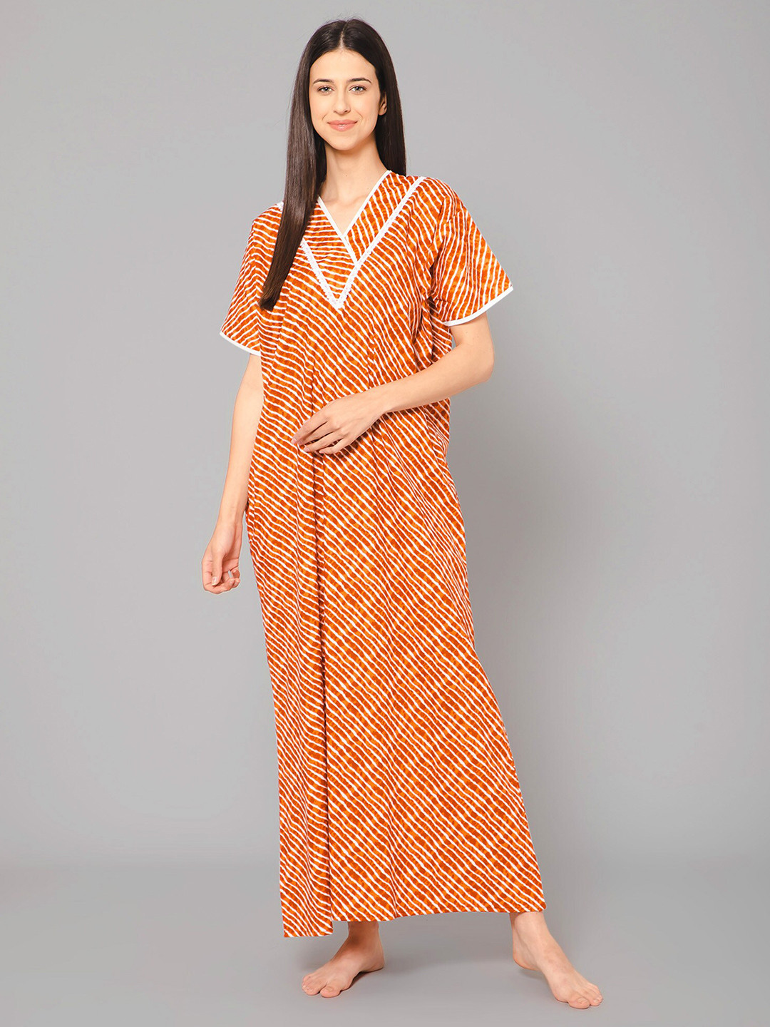 

Winza Designer Striped Pure Cotton Maxi Nightdress, Orange