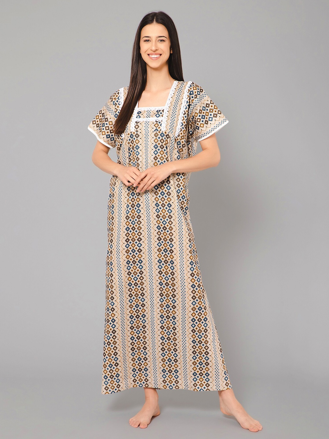

Winza Designer Geometric Printed Pure Cotton Maxi Nightdress, Beige