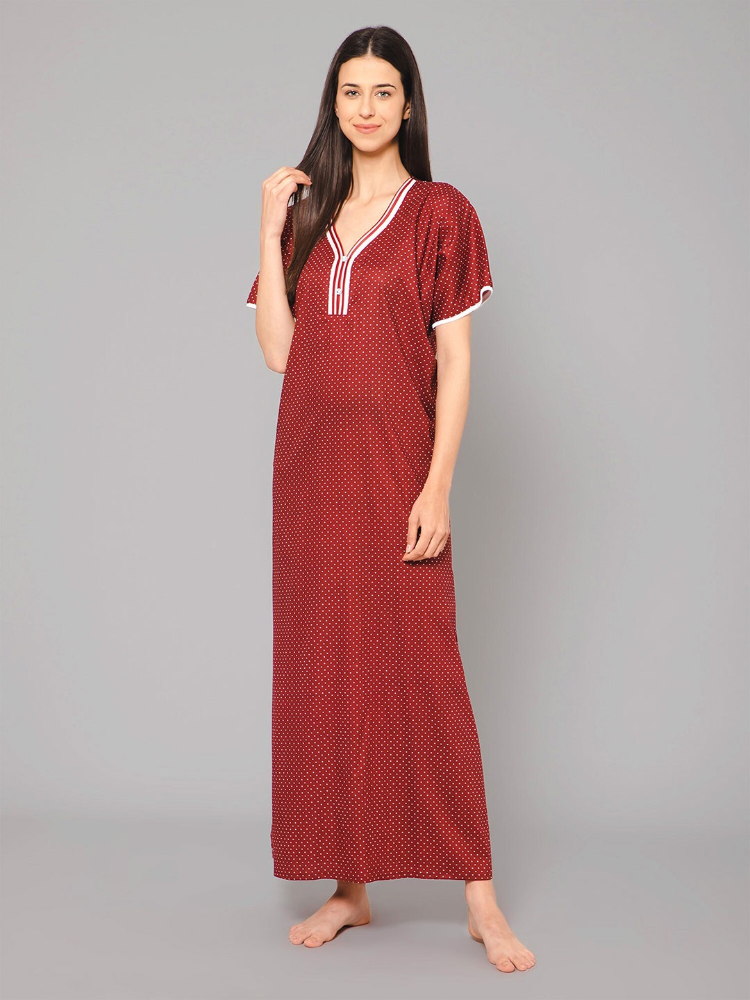 

Winza Designer Polka Dots Printed Pure Cotton Maxi Nightdress, Maroon