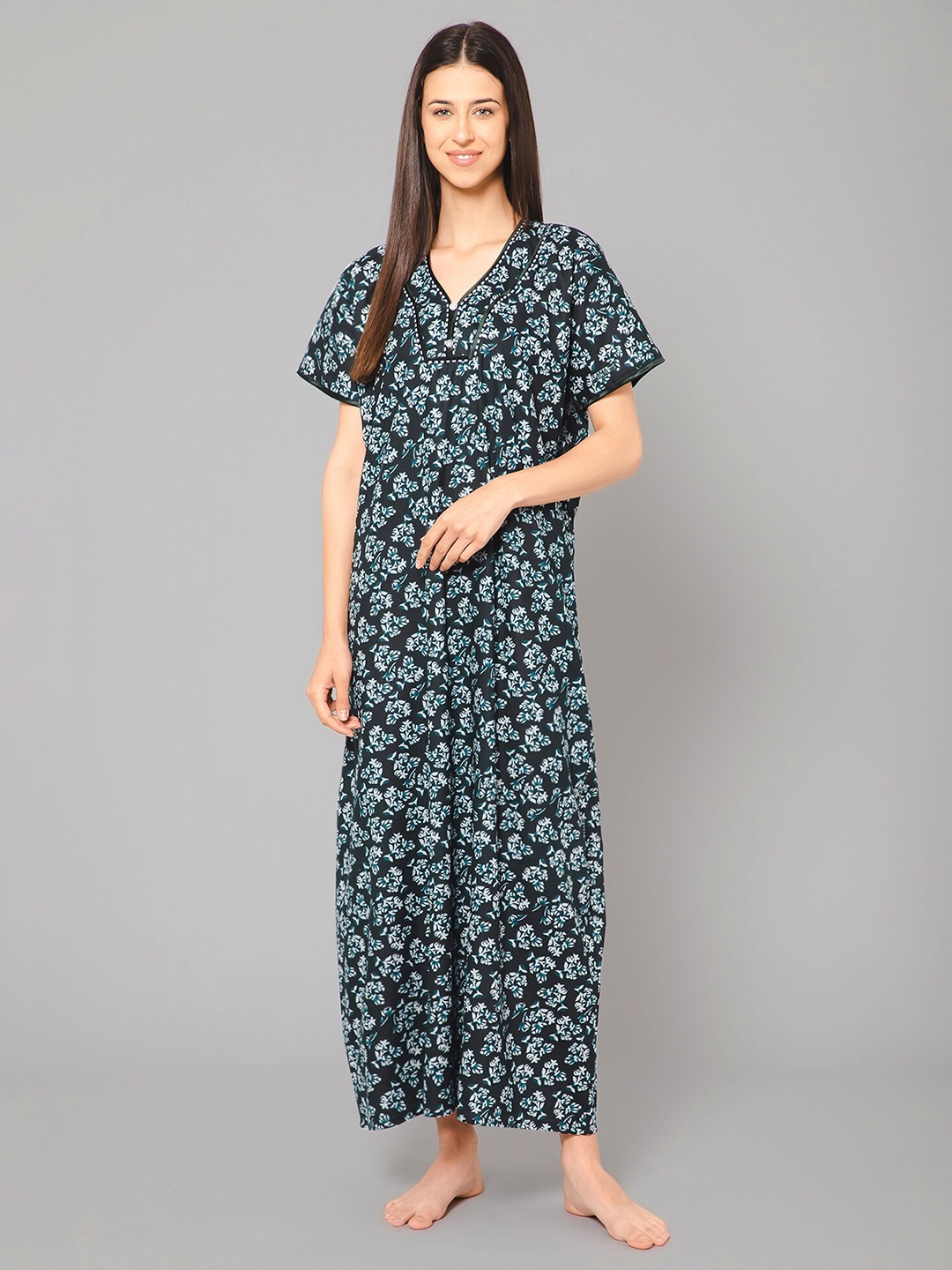 

Winza Designer Floral Printed Pure Cotton Maxi Nightdress, Green
