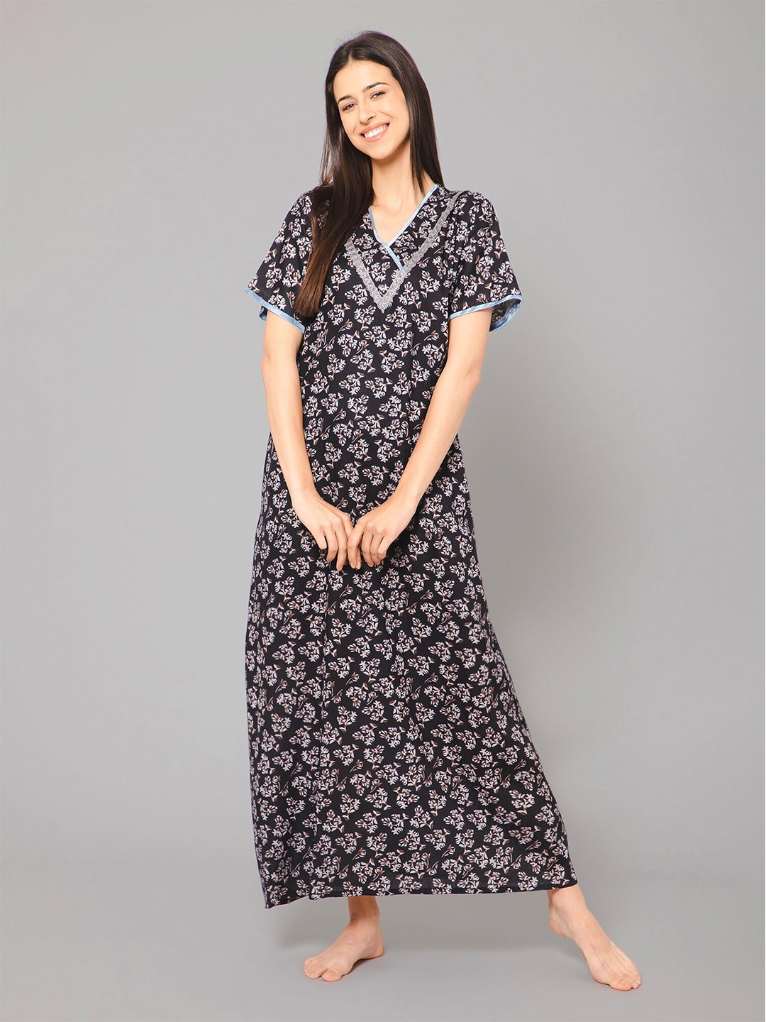 

Winza Designer Floral Printed Pure Cotton Maxi Nightdress, Black