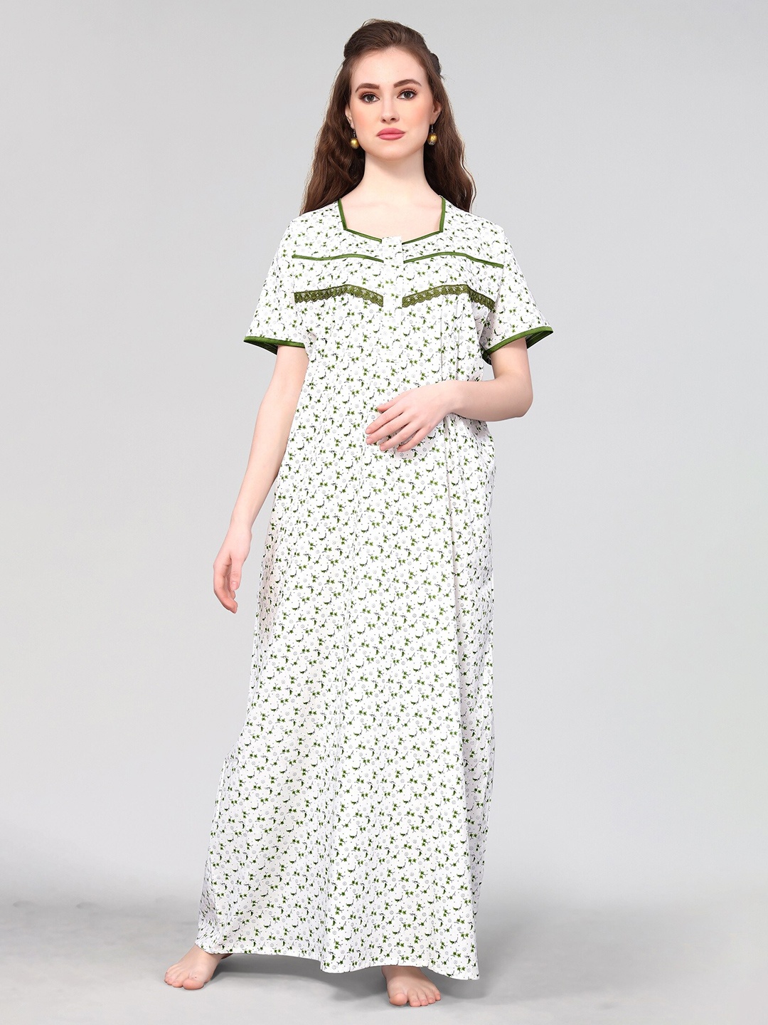 

Winza Designer Floral Printed Pure Cotton Maxi Nightdress, White