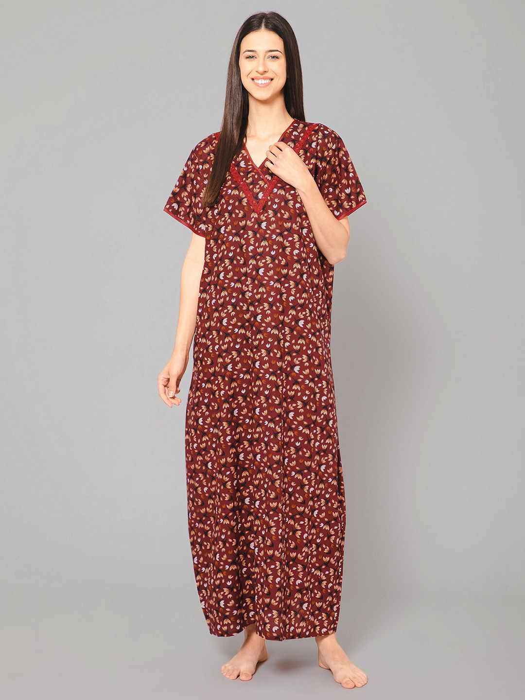 

Winza Designer Floral Printed Pure Cotton Maxi Nightdress, Maroon