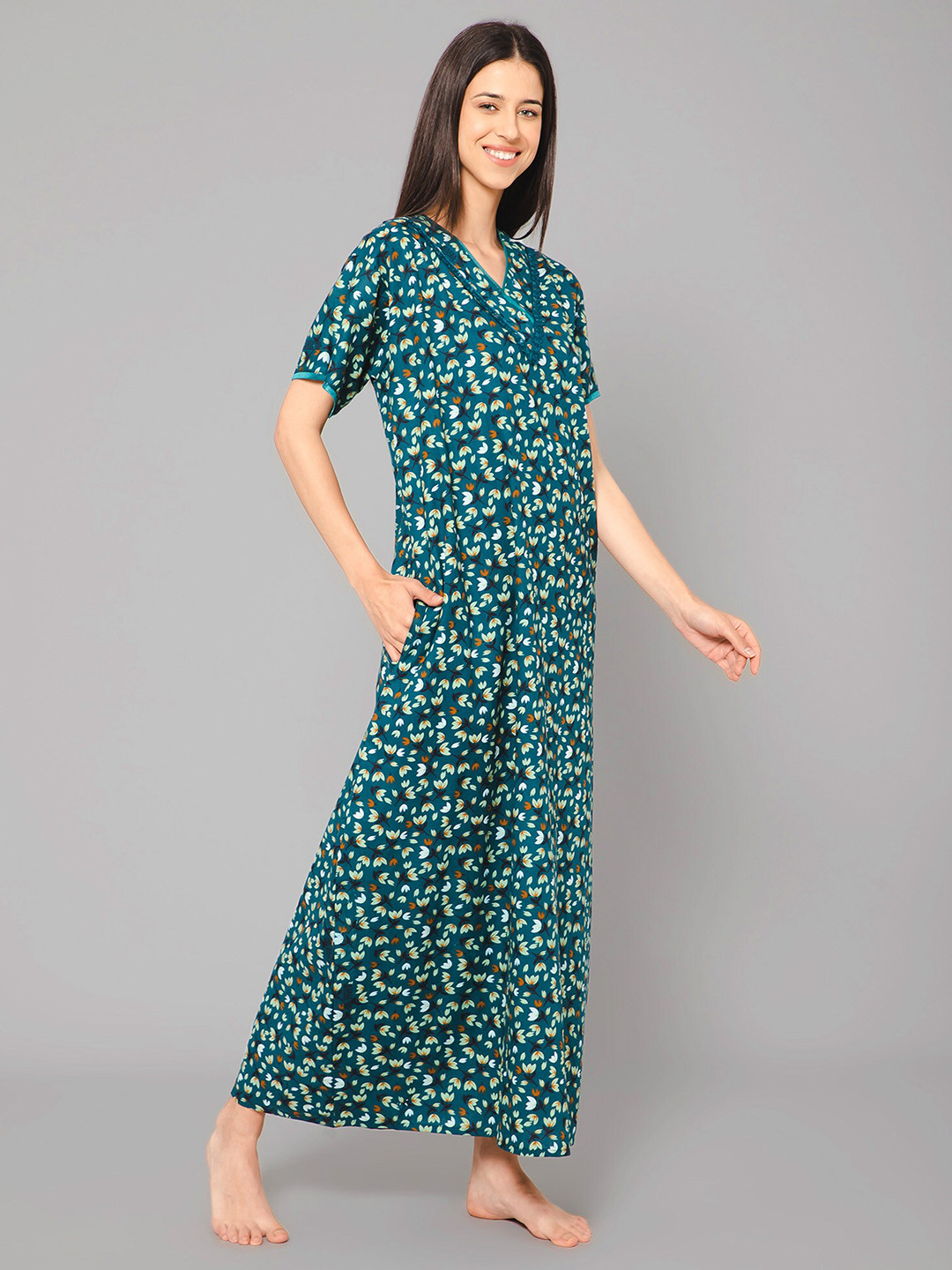 

Winza Designer Floral Printed Pure Cotton Maxi Nightdress, Teal