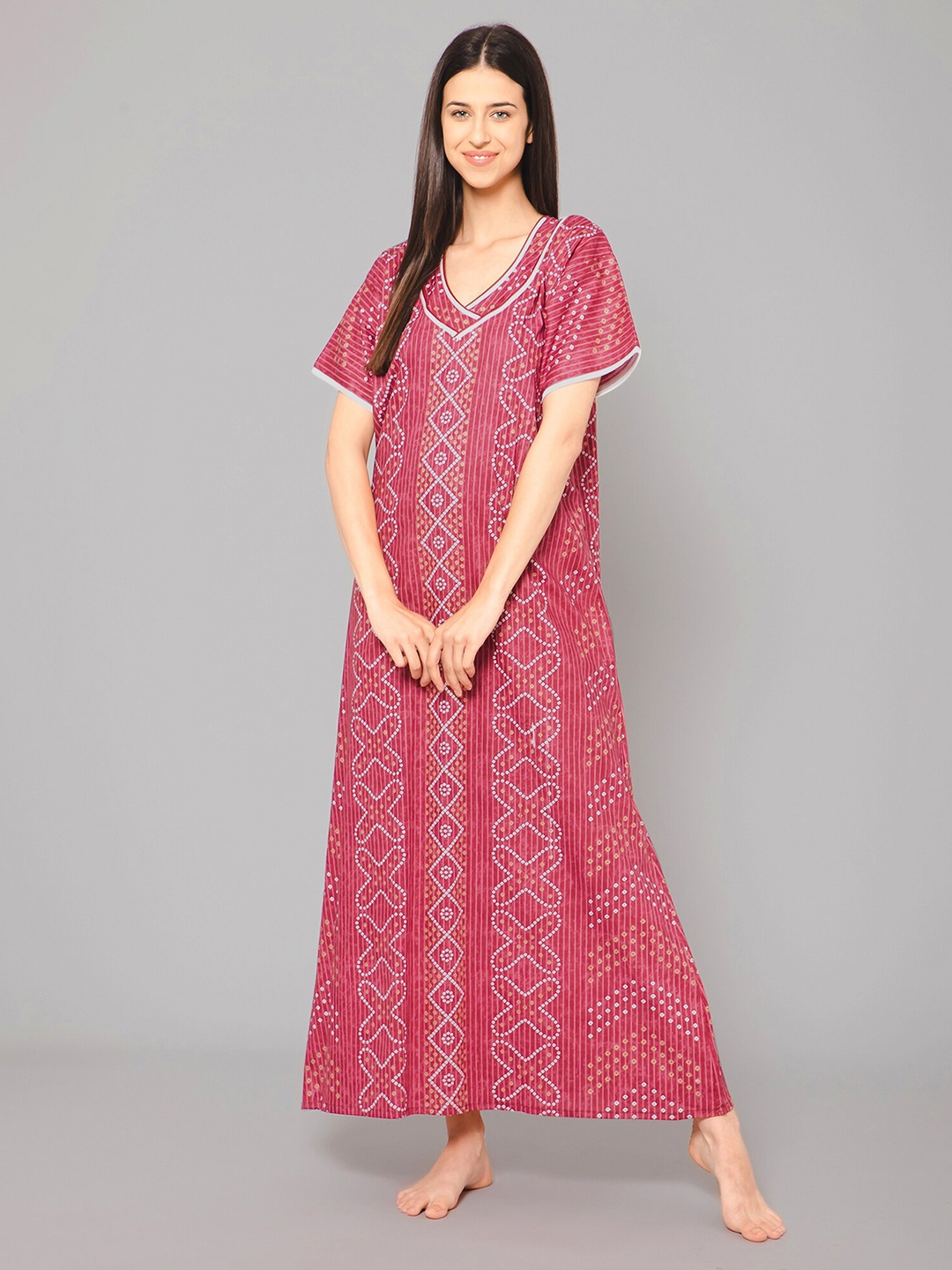 

Winza Designer Ethnic Motifs Printed Pure Cotton Maxi Nightdress, Maroon