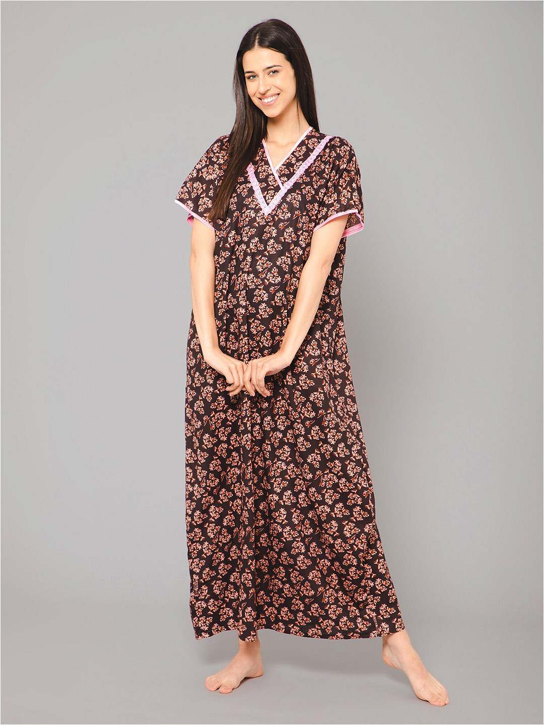 

Winza Designer Floral Printed Pure Cotton Maxi Nightdress, Peach