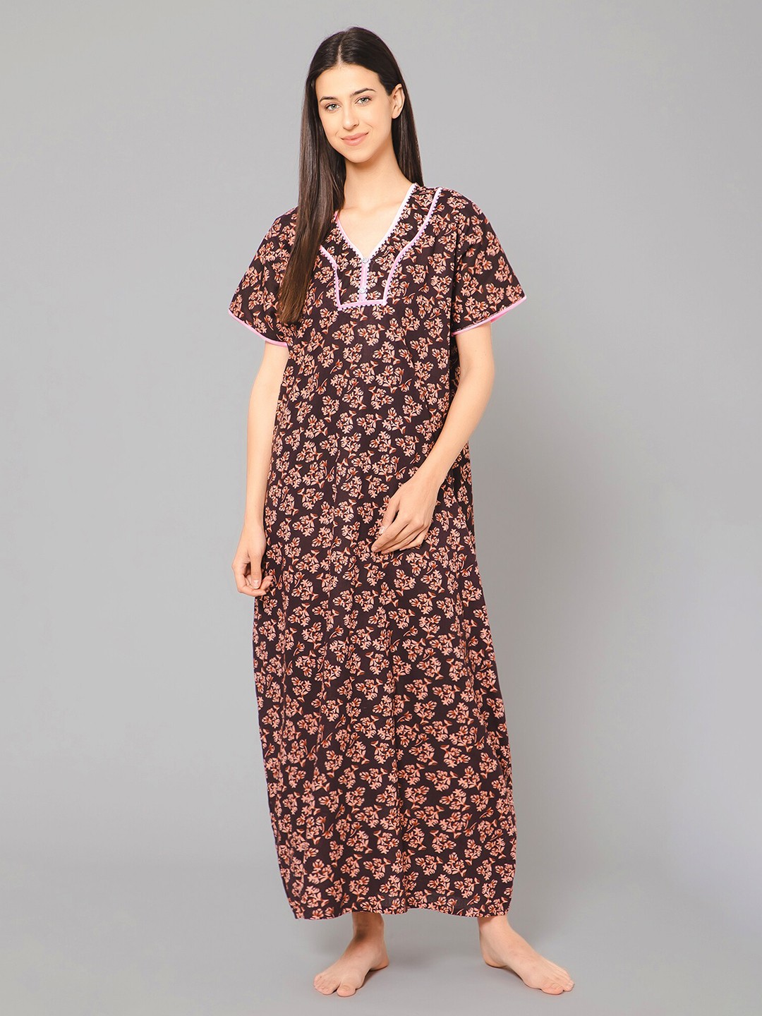 

Winza Designer Floral Printed Pure Cotton Maxi Nightdress, Purple