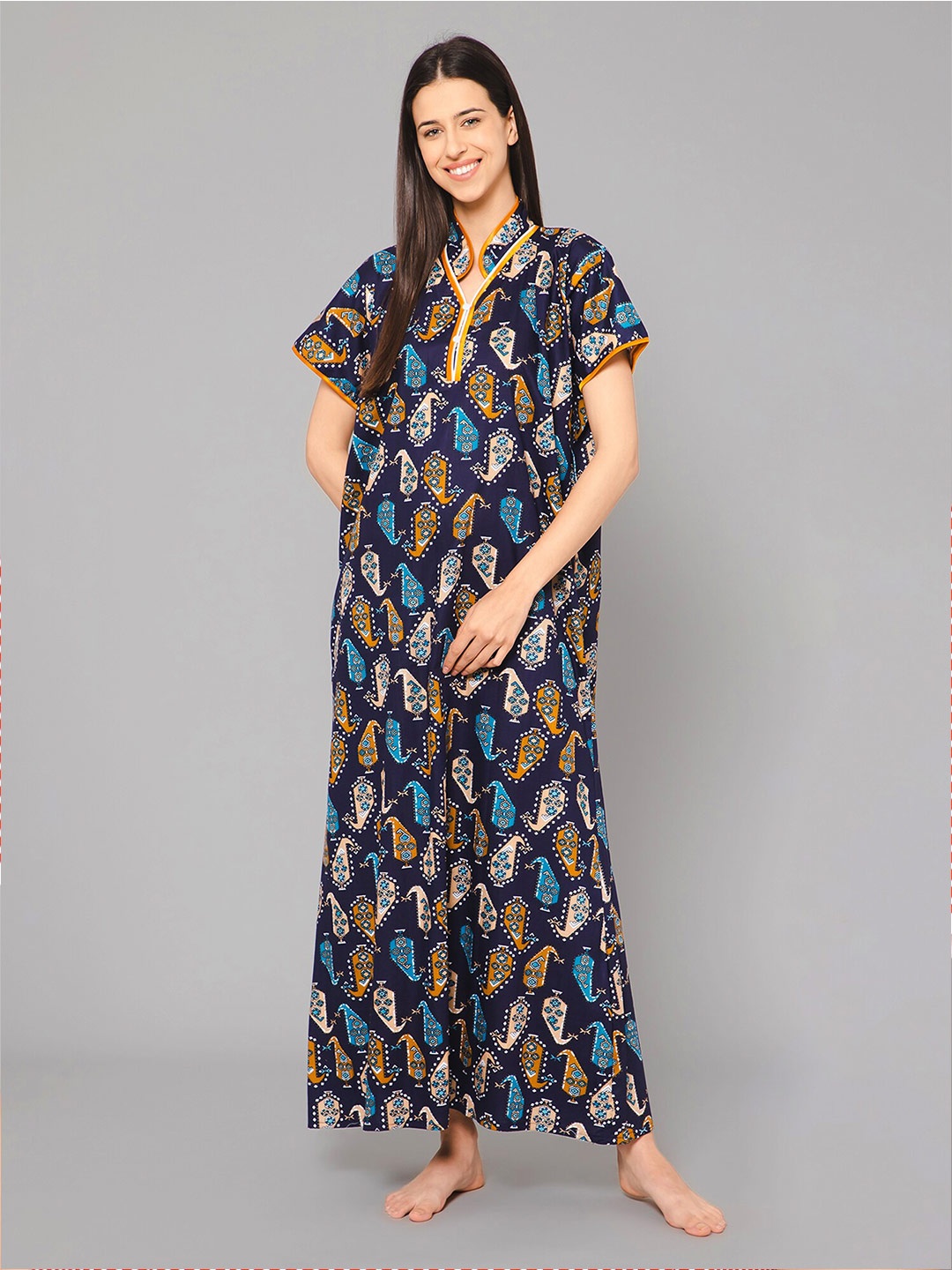 Winza Designer Ethnic Motifs Printed Pure Cotton Maxi Nightdress, Navy blue