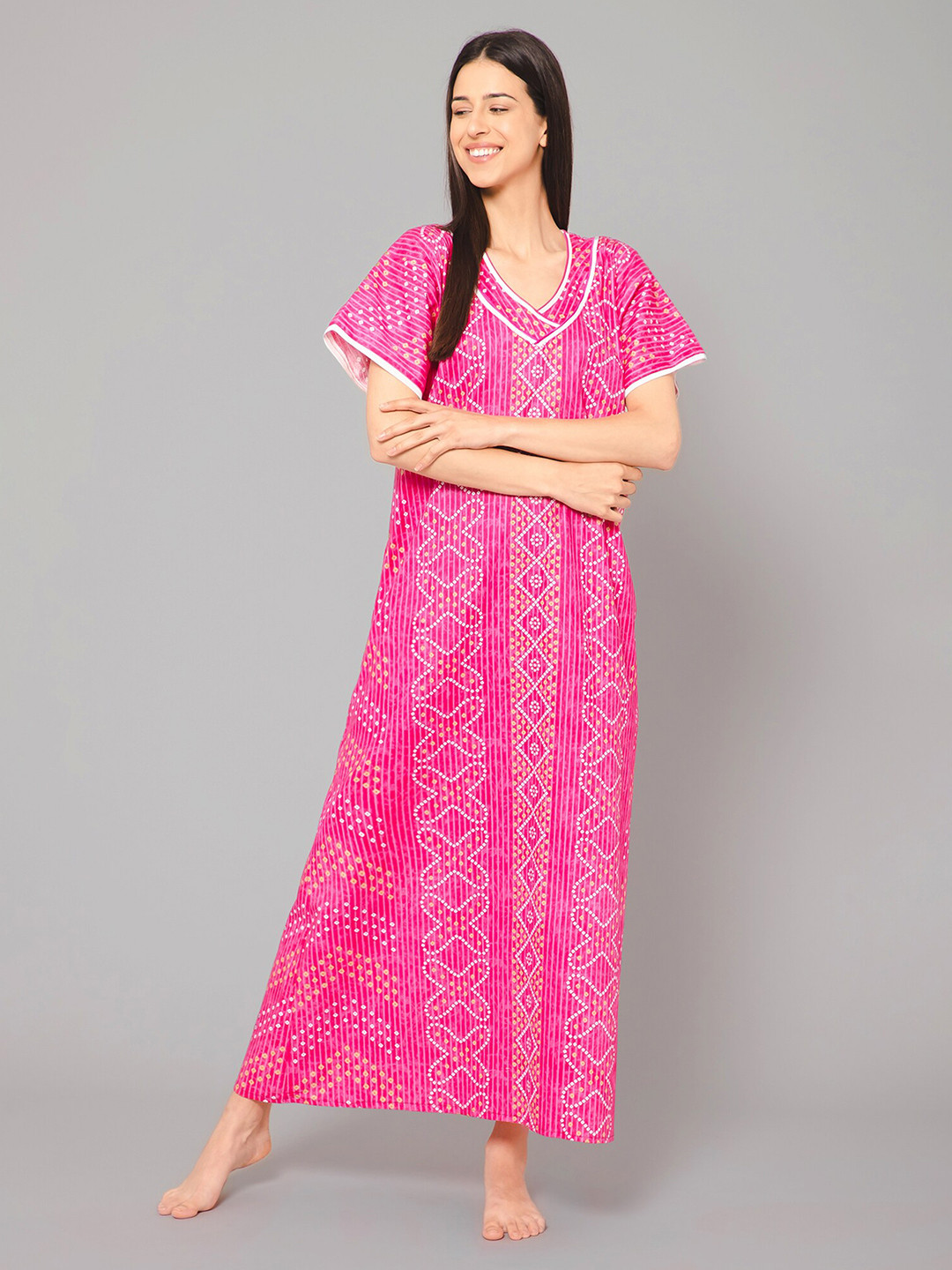 

Winza Designer Ethnic Motifs Printed Pure Cotton Maxi Nightdress, Pink