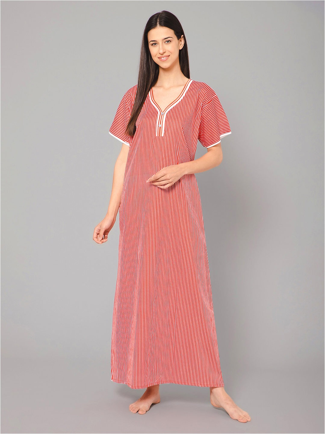

Winza Designer Striped Pure Cotton Maxi Nightdress, Red