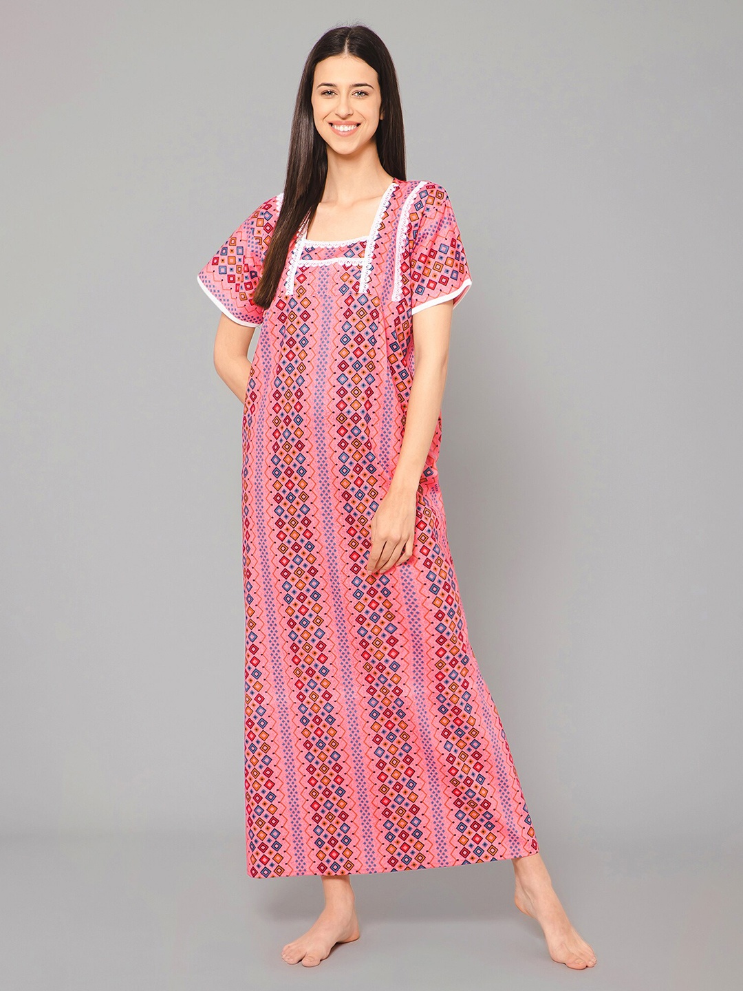 

Winza Designer Geometric Printed Pure Cotton Maxi Nightdress, Red