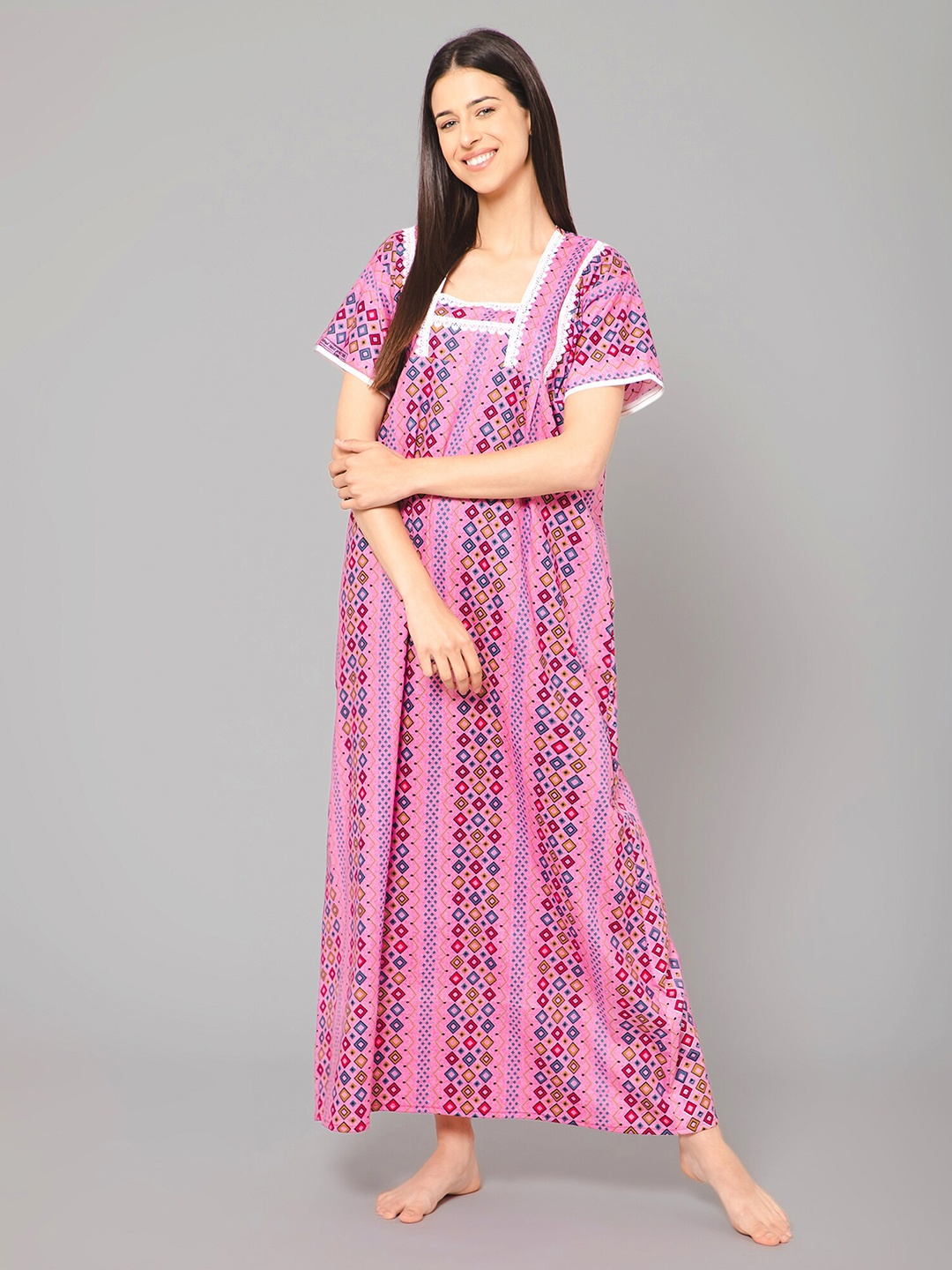 

Winza Designer Geometric Printed Pure Cotton Maxi Nightdress, Pink